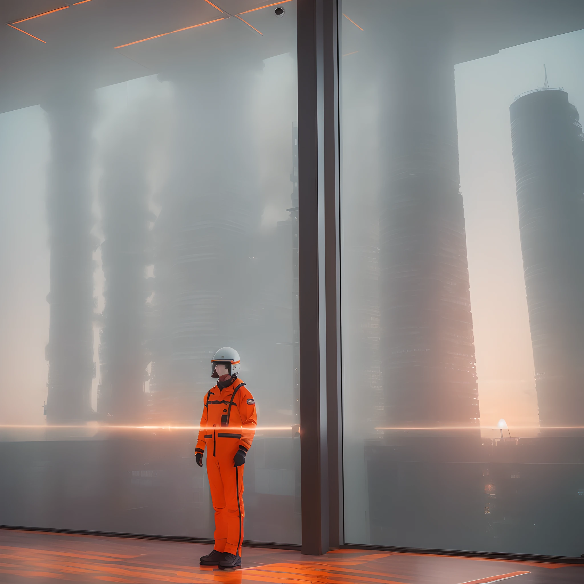 (((winter dusk and smoke))) ocean mist, ((inside wide cinematic view))) inside control office with large panoramic window with artic ((ocean view)), top floor, ocean supertall tower, sci-fi (((sci-fi instrument panels on one side))), (((crew member standing, orange white uniform and helmet )))((retrofuturistic 1970s)))