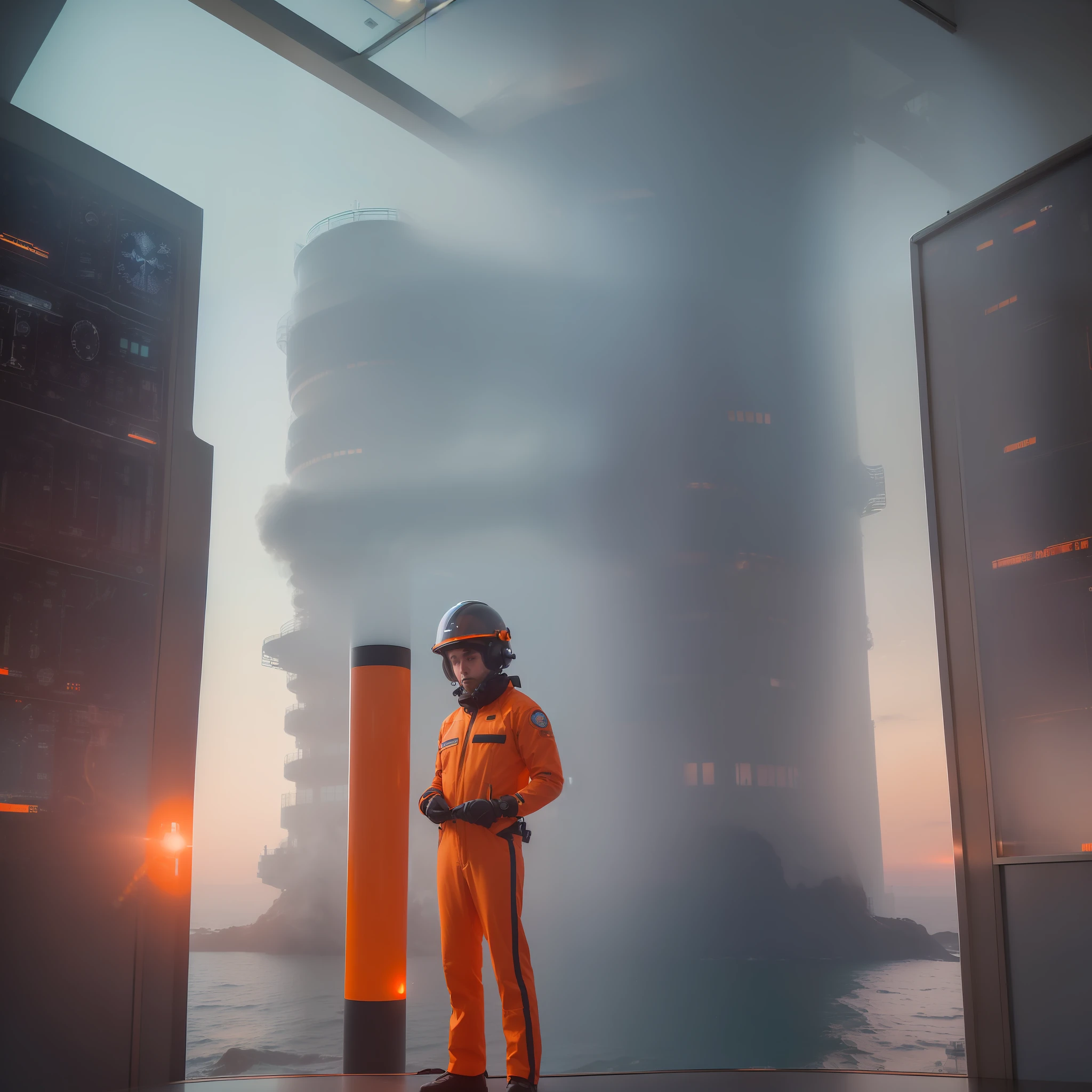 (((winter dusk and smoke))) ocean mist, ((inside wide cinematic view))) inside control office with large panoramic window with artic ((ocean view)), top floor, ocean supertall tower, sci-fi (((sci-fi instrument panels on one side))), (((crew member standing, orange white uniform and helmet )))((retrofuturistic 1970s)))