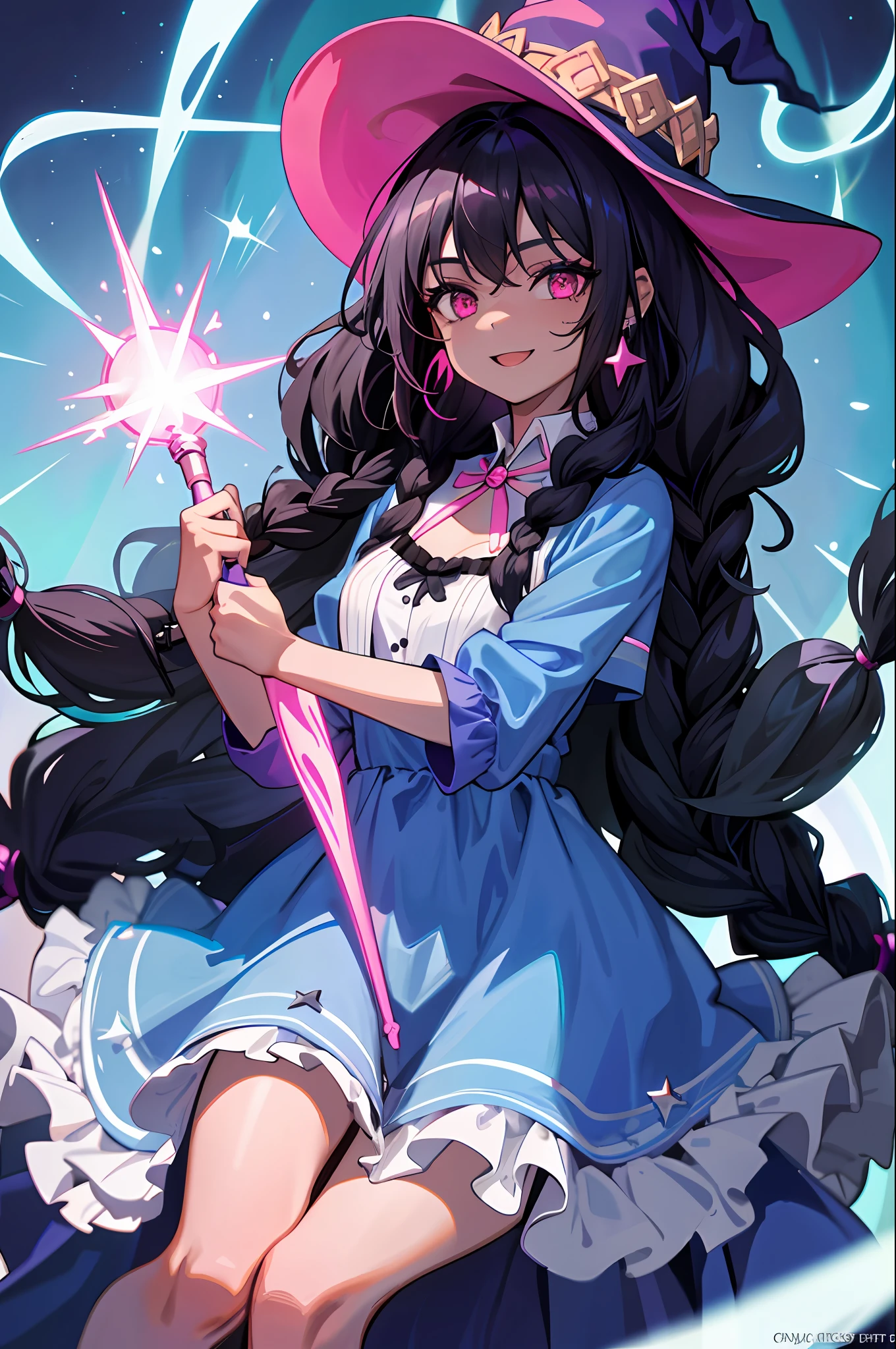 1girl, witch with black skin, curly hair with black braids, pink eyes, cheerful expression, wears star earrings, wears a dress of blue and white fabrics and holds a magic wand