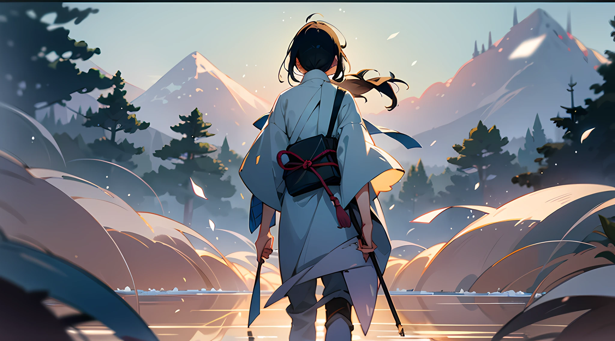 The word "minohorasu" is very beautifully written. Create a beautiful illustration with this word in a delicate color scheme, using blurred backgrounds, calm lighting, and the presence of natural elements such as leaves, wind, and fog. --auto --s2