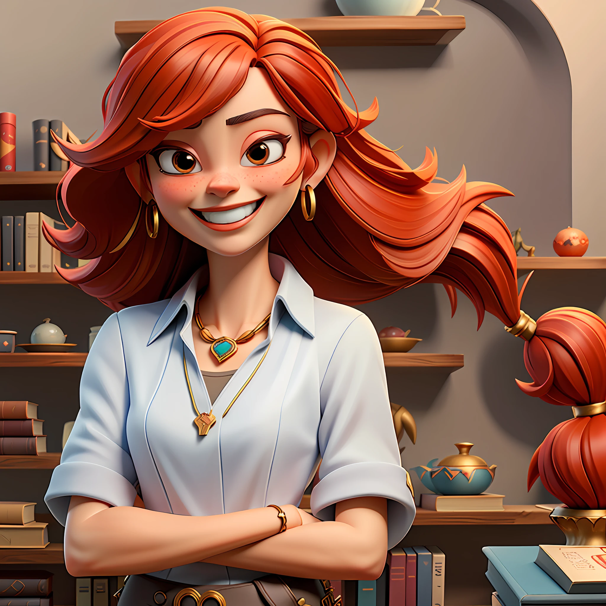 ((masterpiece)),((best quality)),((high detail)),((realistic,)) female character, red hair, smiling, holding wand, setting: bookstore, modern clothing