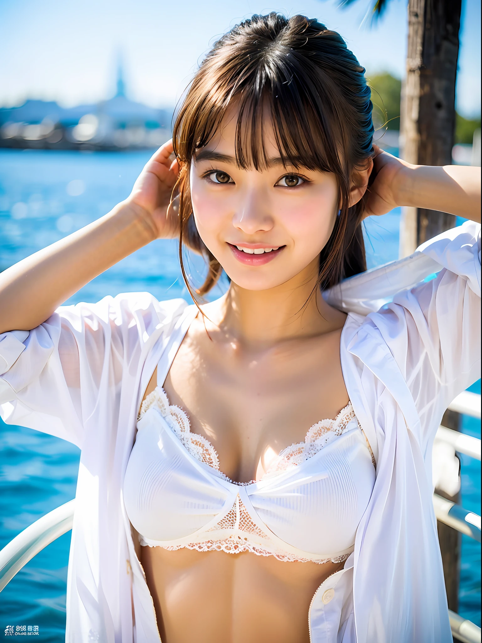 18-year-old girl with perfect face and big breasts, arms behind the head, white swimsuit, slim and slender physique. The skin has detailed and highly detailed eyes (1.1 emphasis), very detailed skin texture (1.1 emphasis). Model photo style, photorealistic, skin texture is real human skin texture, detailed skin pores, intricate details, eyes are very detailed, smile, white bra jacket posing in water, asian woman, Yoshitomo Nara, rim light, cute seductive smile, hot with shining sun, Zhongyuan Xiang, friendly seductive smile, sexy girl, beautiful asian girl, big breasts, lovely smile, young cute gravure idol, seductive smile, good young girl, gorgeous chinese model, shore
