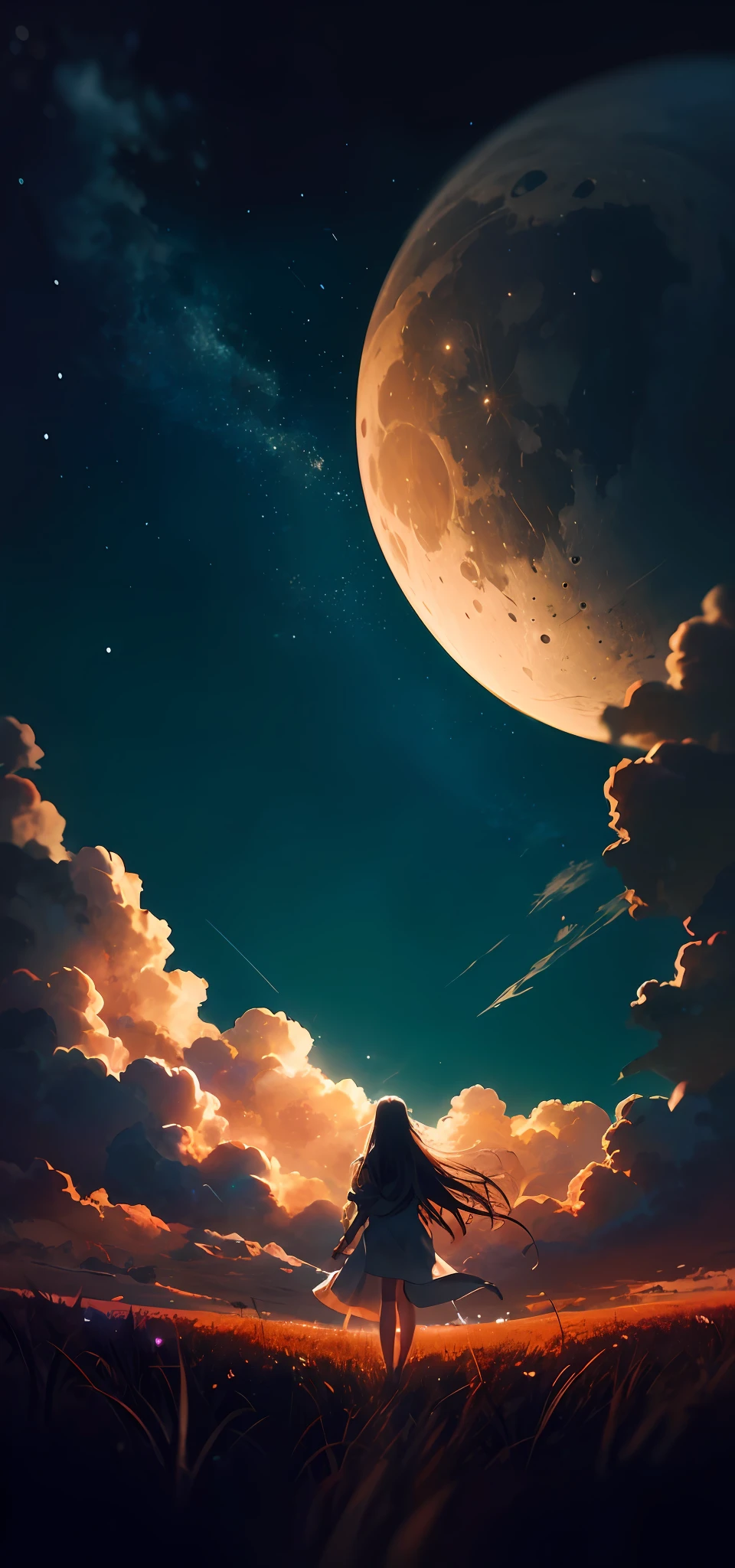 anime style painting of a completely nude woman with very long hair, walking in a field with a star in the sky, calm night, view from below, focused from woman butt to the moon, digital illustration, jen bartel, background artwork, 4 k hd illustrative wallpaper, anime background art, detailed sky, background art, low detailed. digital painting, detailed digital painting, anime art wallpaper 4 k, anime art wallpaper 4k, anime background, glowing clouds