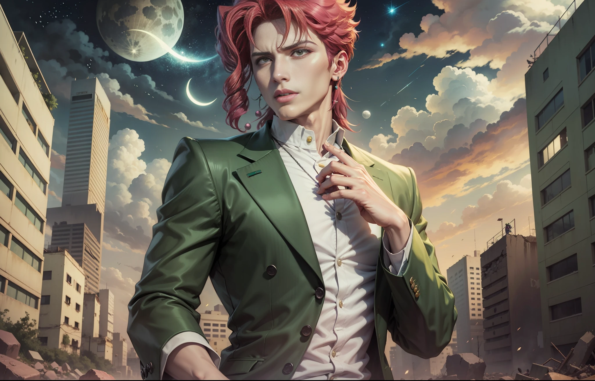 Kakyoin sing in a ruined city, jojo's bizarre Adventure, hd, nobody, one man, night, blum sky, skyfall, green suit, singing, pink stars, moon yellow, human