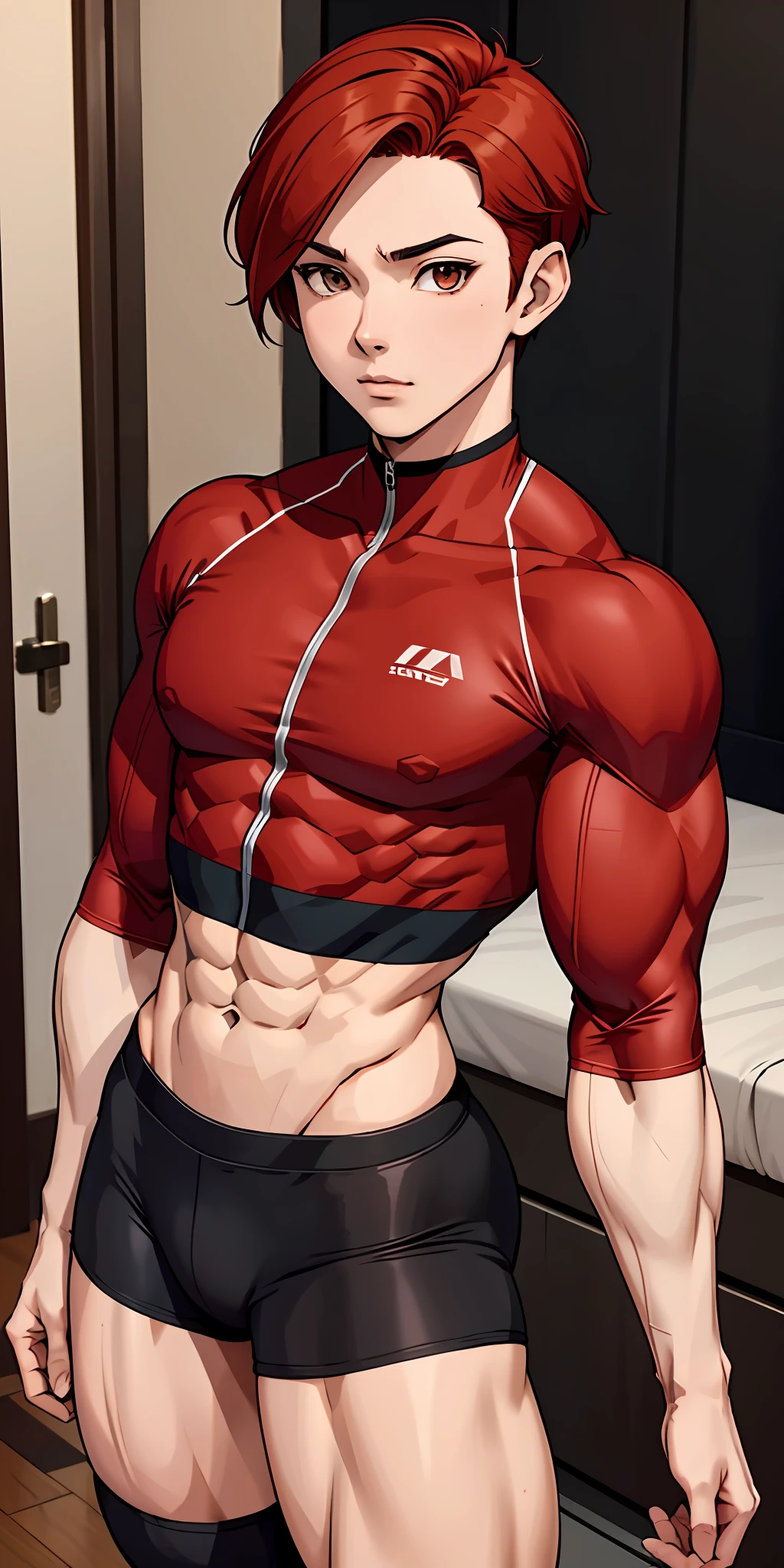 Boy, male body, adult, girl face, seductive face, seductive look, redhead, short wolf hair, perfect body, fit body, fulfilled sleeve shirt, muscular, small chest, cycling pants with pretuberance, pretuberance, sissy, femboy