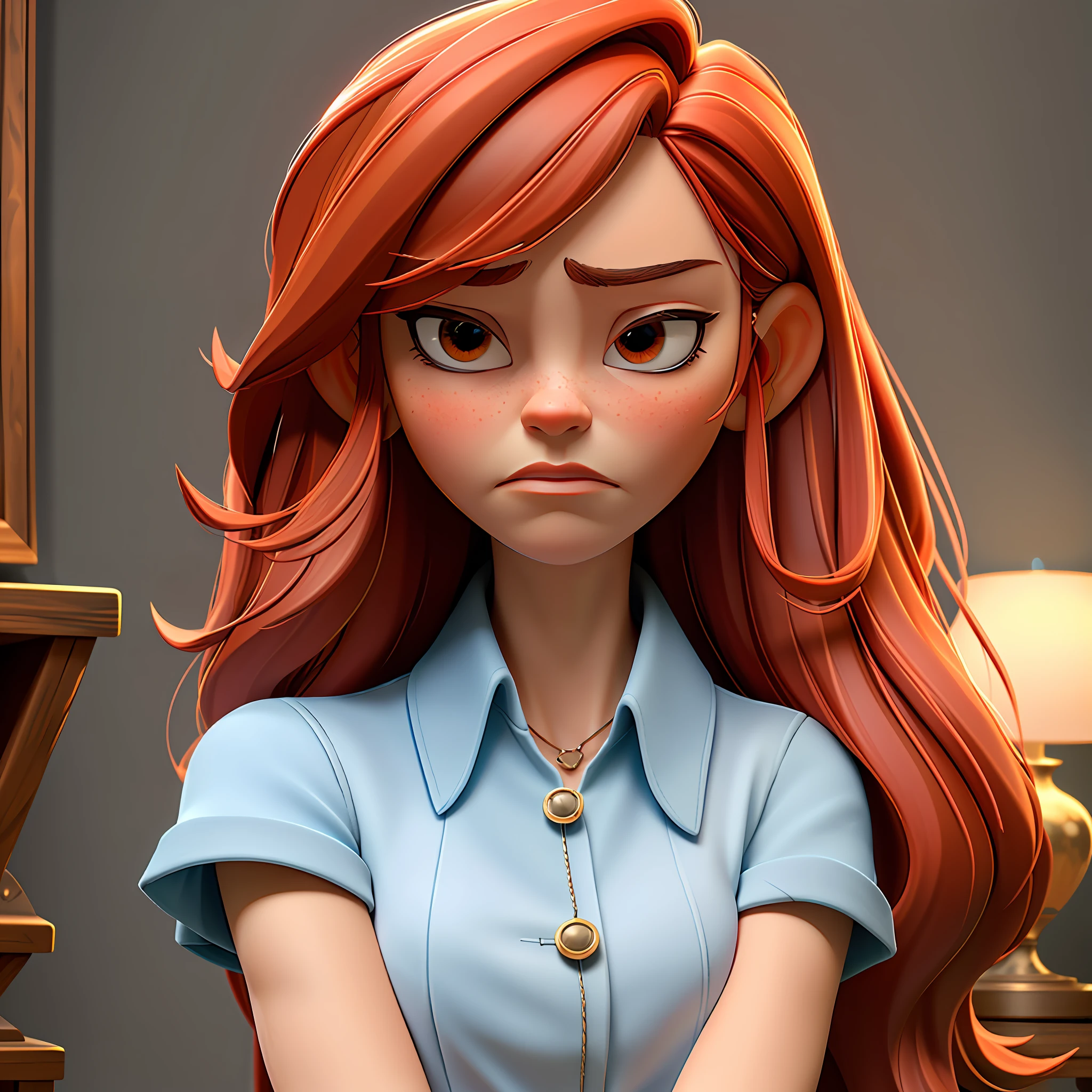 ((masterpiece)),((best quality)),((high detail)),((realistic,)) female character, red hair, sad, setting: bedroom, modern clothing
