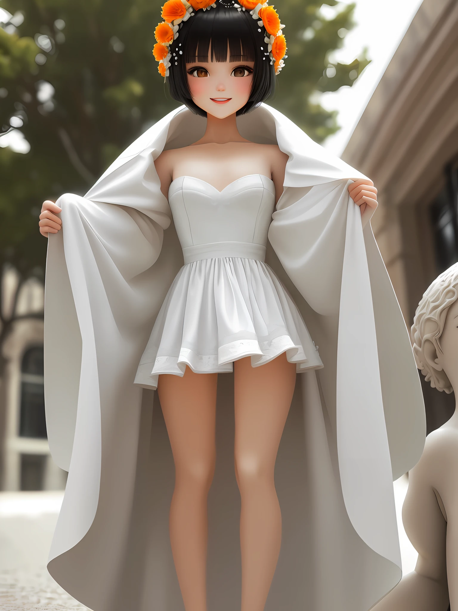 (Masterpiece), (Extreme), (Super detailed), (Body: 1.9), 1girl, sun, beautiful, orange, (big head: 1.8), doll, smile, open mouth(mocked, white liquid oozing out), city, fashion, coat, blush, tree,,, short hair, blurry, bangs, black hair, (beautiful and detailed face), (beautiful and detailed eyes), naked, feet (beautiful, perfect, detailed and delicious)