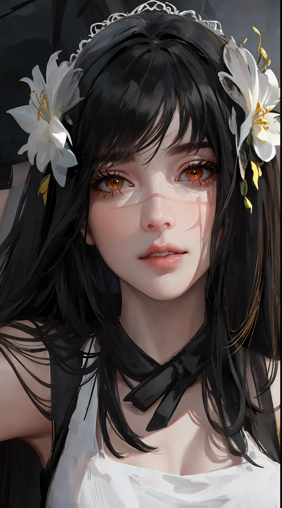 photorealistic, lip gloss, realistic, best quality, ultra high resolution, depth, pastel color, natural shading, focus on face, just face, looking at viewer, long hair, black hair, brown and well detailed eyes, black dress, gloves