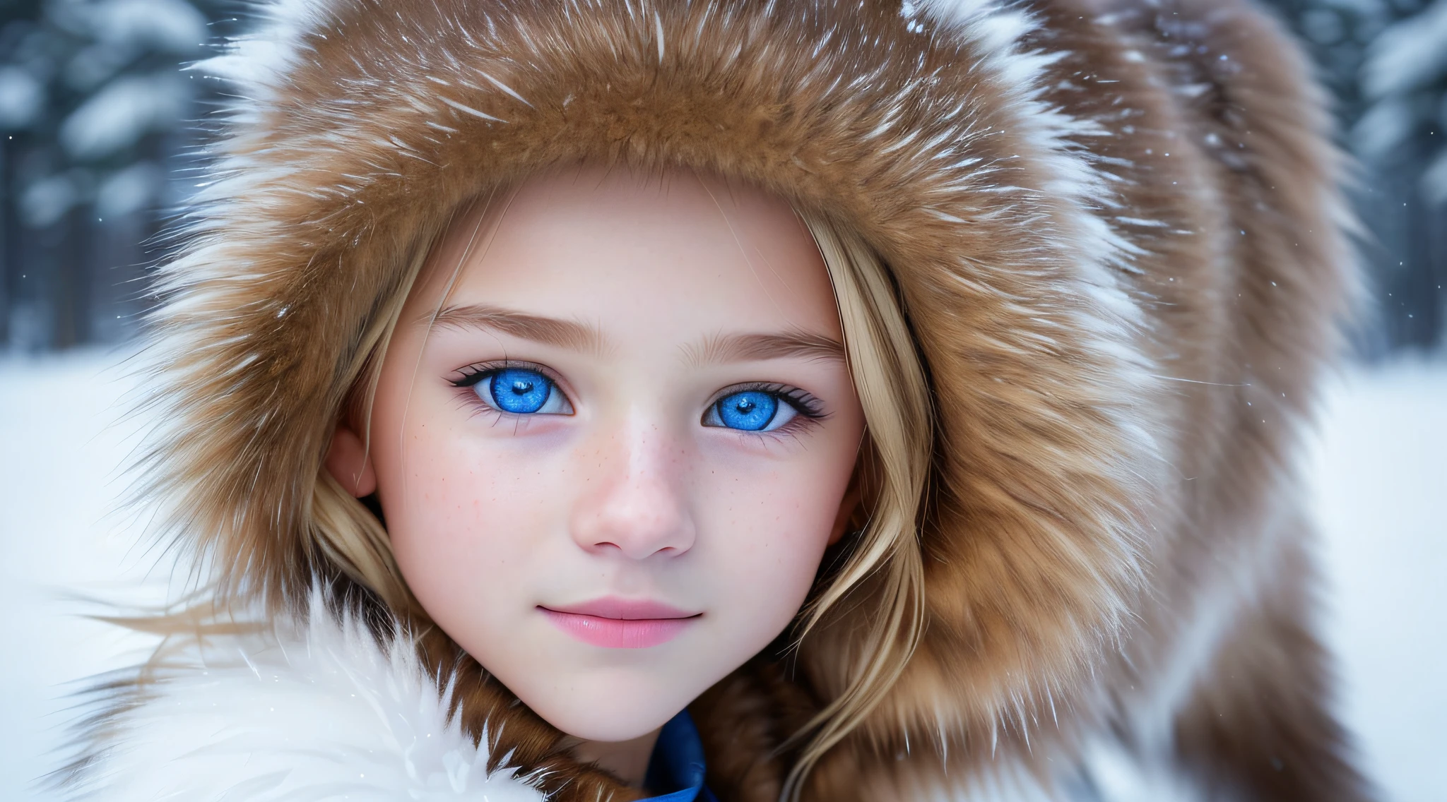 (raw photo: 1.2), (photorealistic: 1.4), (best quality: 1.4), (ultra highres: 1.2), (highly detailed: 1.3), (HDR: 1.2), (cinematic lighting: 1.3), (detailed eyes), (detailed facial features), (detailed fur), (snowy background: 1.2), blonde 10-year-old girl