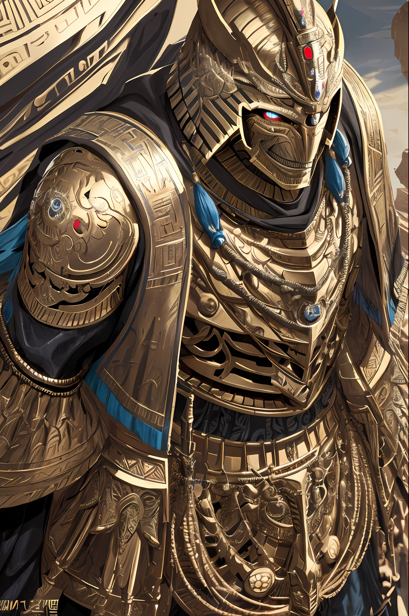 Masterpiece, best quality, 1man, armor, evil mask helmet, intricate, detailed ornaments, cool colors, metal, egyptian detail, highly intricate details, realistic light, trend in cgsociety, bright eyes, front camera, neon details, ultra realistic details, full body portrait, japanese atmosphere, global lighting, shadows, octane render, 8k, ultra sharp