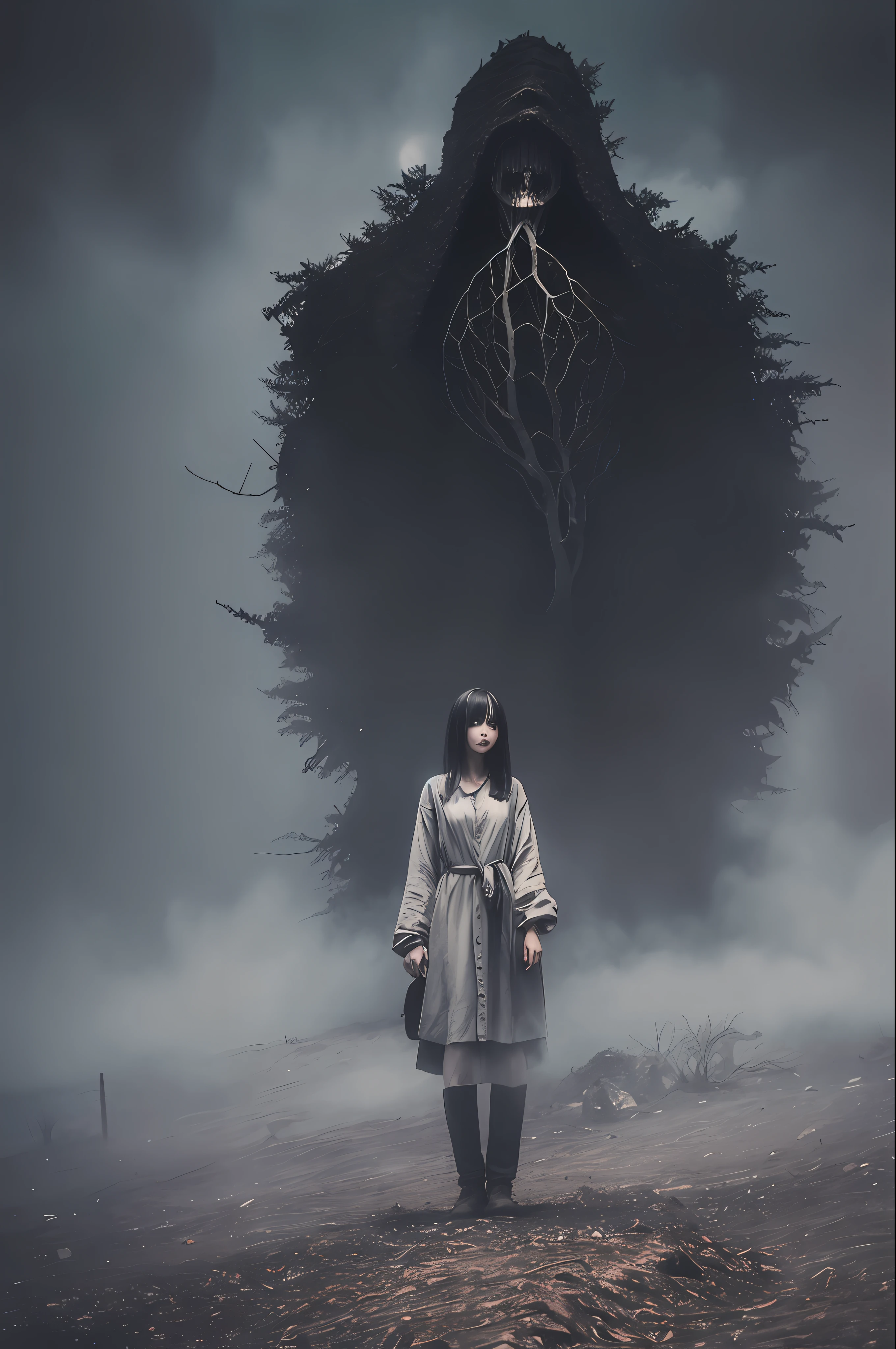 A beautiful girl, full body, horror, broken, twisted, sky, fog, smoke, dust, dark forest, shadow creature, Junji Ito, masterpiece, super high resolution, high quality, movie lighting,