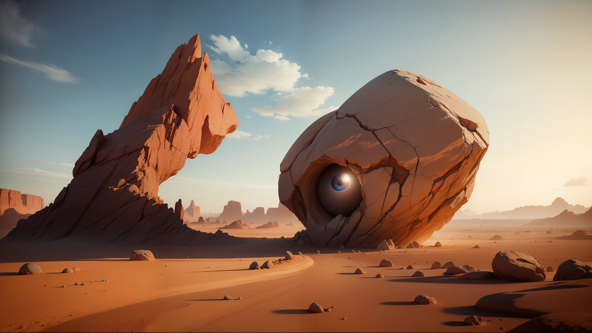 there is a large rock in the middle of a desert, rolands zilvinskis 3d render art, inspired by Storm Thorgerson, unreal engine 5 render dramatic, emotional and expressive, many giant eye balls, beautiful singularities, desert circus, boulders, cgsocciety r/art, shattered wall, dreamworld