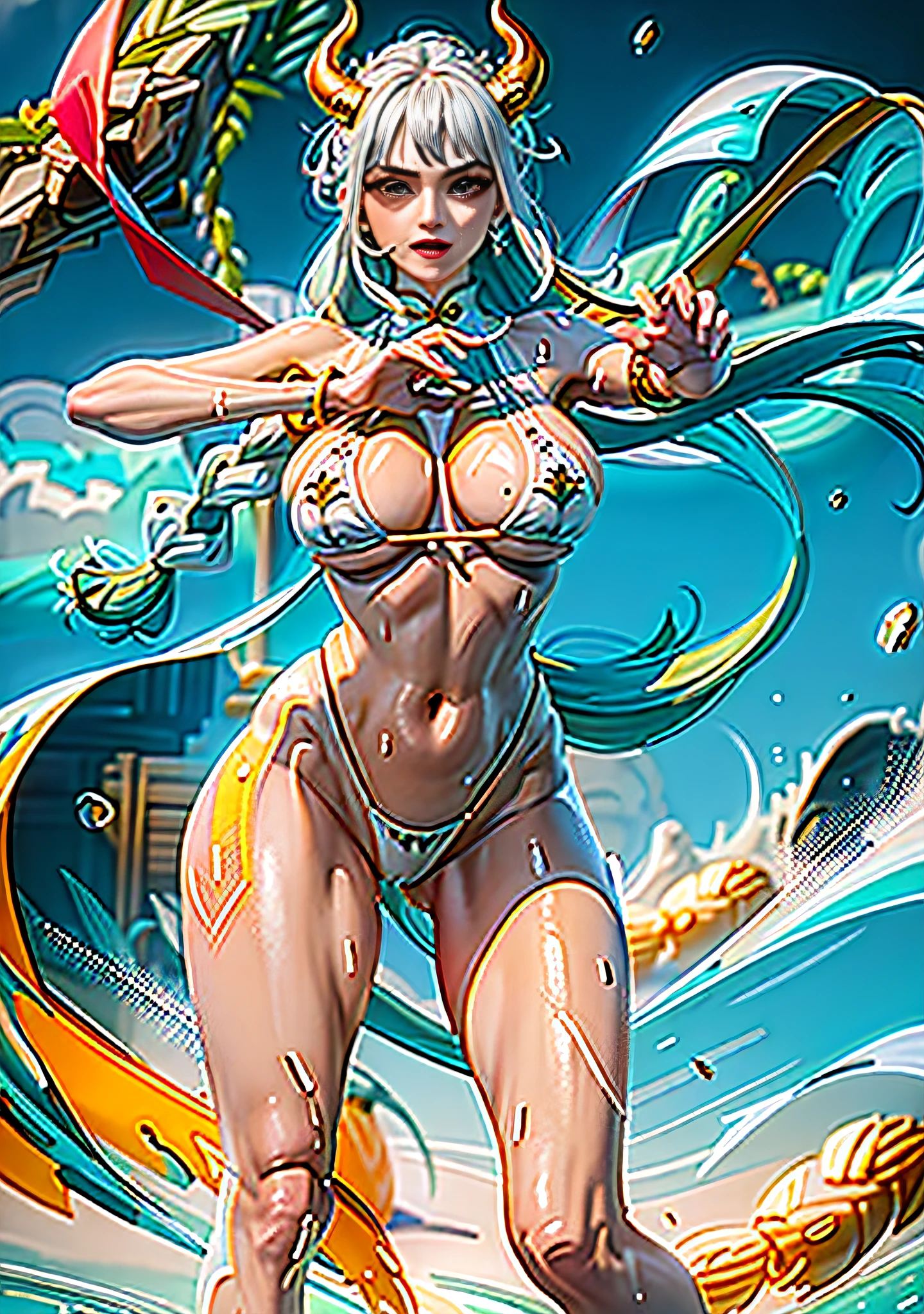 Sagging boobs, huge breasts, boobs squeezed by bikinis. huge tits。 Open your mouth and smile, showing your teeth, fangs. (NSFW: 1.98) Arad woman in bikini poses a sword on the beach, extremely detailed Artgerm, on the beach, Ross landscape background, perfect white-haired girl, seductive anime girl, like Artgerm, on the beach, beautiful seductive anime woman, Rostland !!!, Rostland style, art germ. Anime illustration on sunny beach, (oily skin)) with horns on the head and two red and yellow horns on the head. End of curl. White transparent cheongsam. (Wearing white transparent fabric cheongsam, cheongsam chest opening, highest fabric material, fabric performance 8K, physics engine calculation demonstration):: 1.8. (High-quality, detailed CG art), (beautiful light and shadow, floating effect) (1 person) (shiny hair, blue hair: 1.2 + gray hair: 1.6), when the skin between the chest and lower abdomen is wet, dripping water droplets and sweat slip together, sexy gorgeous, still photos convey a dynamic effect. (extremely detailed, well-made, highest image quality, strong specular reflection of bikinis, clear latex texture) The woman is extremely beautiful, extremely sexy, beautiful and moving, seductive, and the transparent texture of the leggings is just right, making people shine. ((NSFW, low saturation)) ((oily skin)), ((water droplets on the skin)), 1.6. The body is moist and shiny, the body is wet and shiny, the body is wet and shiny, the breasts are bigger, the ass is bigger. ((Masterpiece)), the best quality, super fine, highly realistic, wet all over, bathed in rain, every bead of sweat is clearly visible. (Masterpiece: 1.6), (Best Quality: 1.5), Ultra High Resolution, 1 Girl, Very Detailed, 8K, Beautiful, Detailed Eyes, Look at the Viewer, Intense Dark Colors, (Depth of Field), (Dynamic), (Epic), Sharp Focus, (Intricate Details: 1.86), Full Color, Nano \ (One Piece), Bangs, Bare Shoulders, Belt, Gold Striped Transparent Heart Sticker, Blue Sky, Bracelet, Breasts