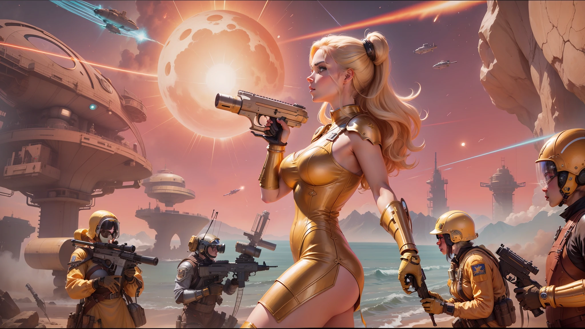 a close up of a woman in a yellow dress holding a gun, retrofuturistic science fantasy, [ bubbles, her head raised in rapture, a sexy blonde warrior, website banner, inspired by Earle Bergey, attacked submarine in background, irradiated humans, brown armor, pin - up girl, youtube thumbnail, wearing diamond armor, widescreen --ar 16:9 --v 5.1