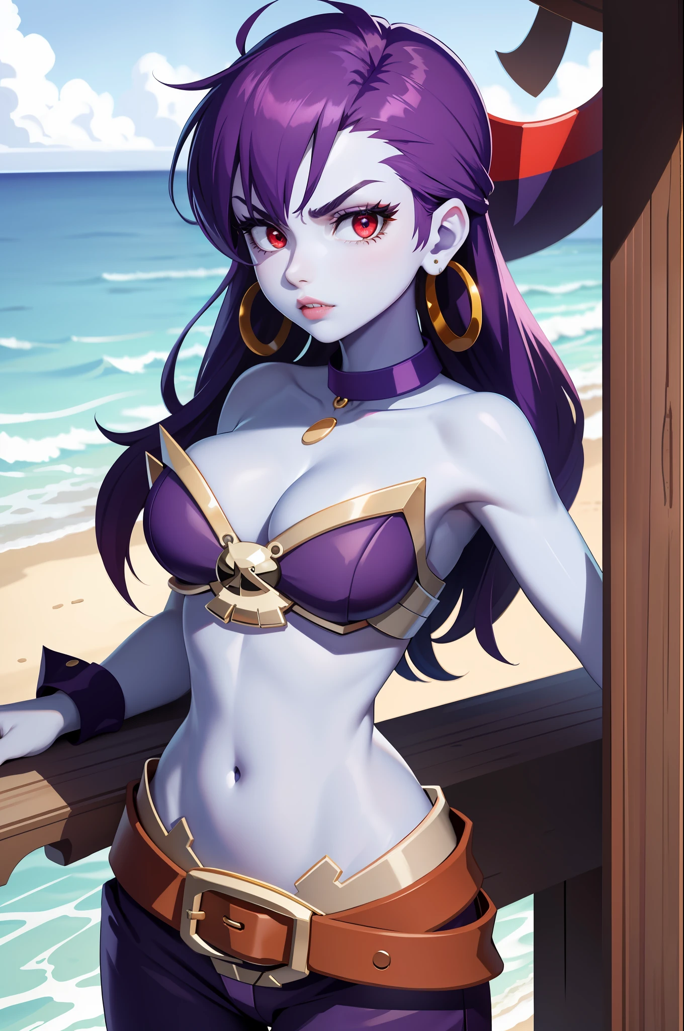 masterpiece, best quality, risky, blue skin, choker, wrist cuffs, hoop earrings, bustier, belt, purple pants, upper body, looking at viewer, furrowed brow, clenched teeth, ocean, pirate ship, long hair , red eyes, big pink lips