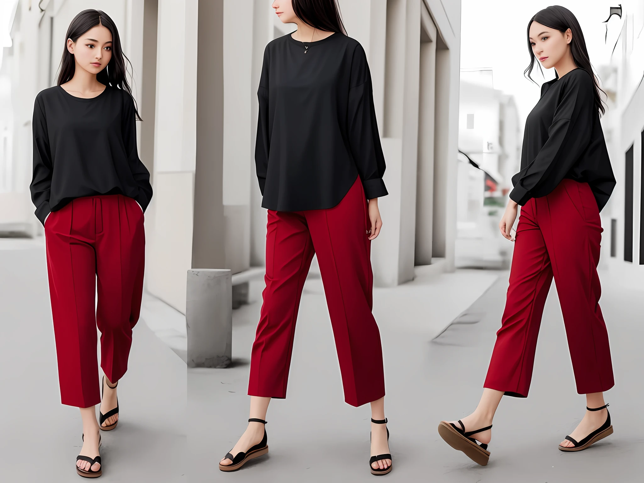 Top: black loose shirt; Bottoms: Red slacks