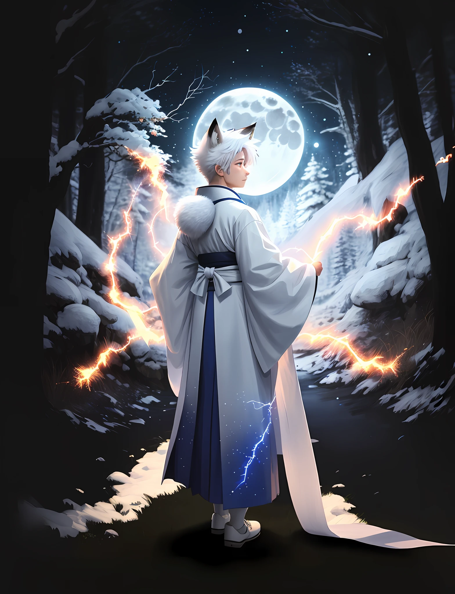 Young anime face, fox tails on the back along with a waning moon, electric sparks around the body, forest scenery with snow, white and blue kimono, bigger ears, 4K, background waning moon, forest scenery, male character, male, boy