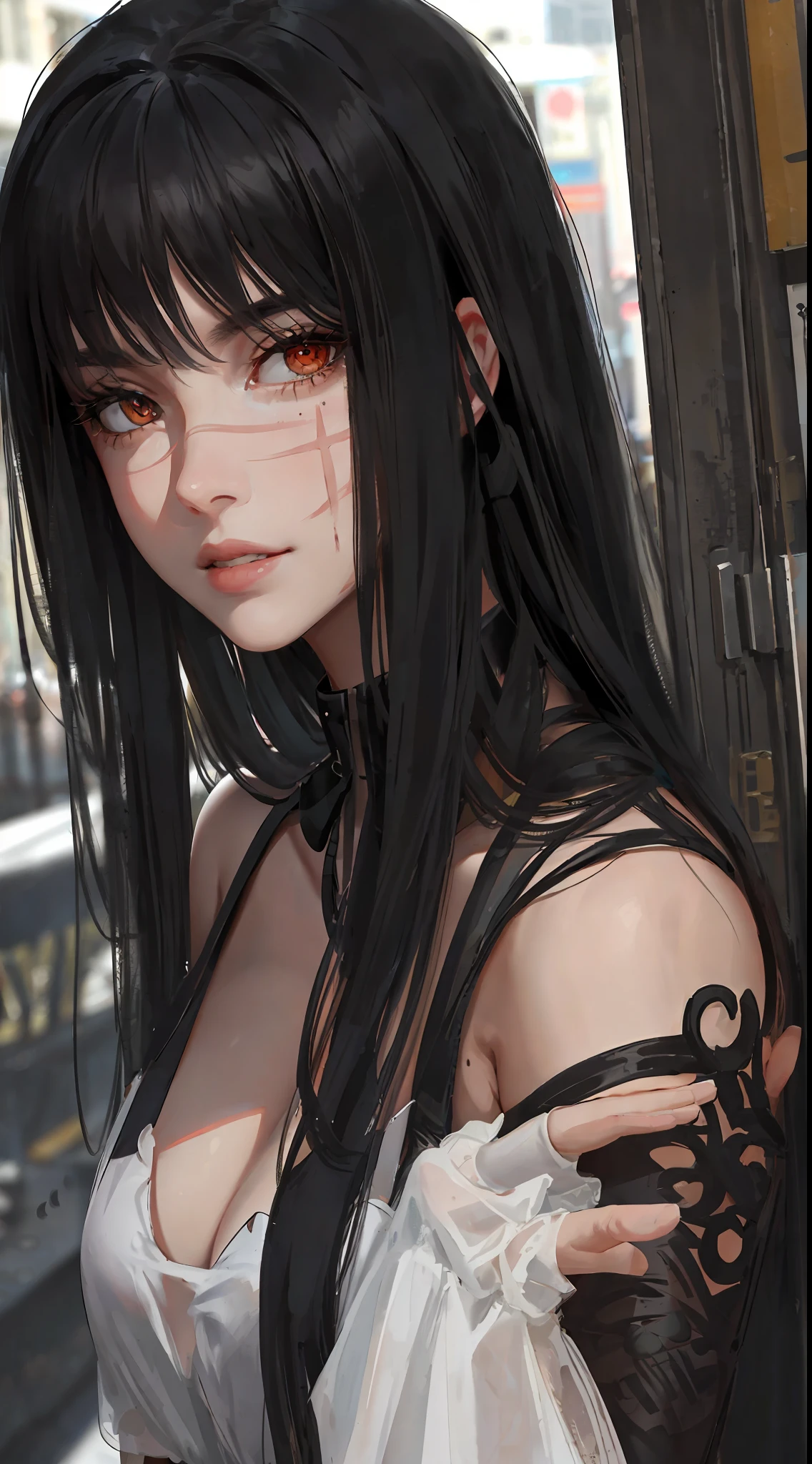 photorealistic, lip gloss, realistic, best quality, ultra high resolution, depth, pastel color, natural shading, focus on face, just face, looking at viewer, long hair, black hair, brown and well detailed eyes, black dress, gloves