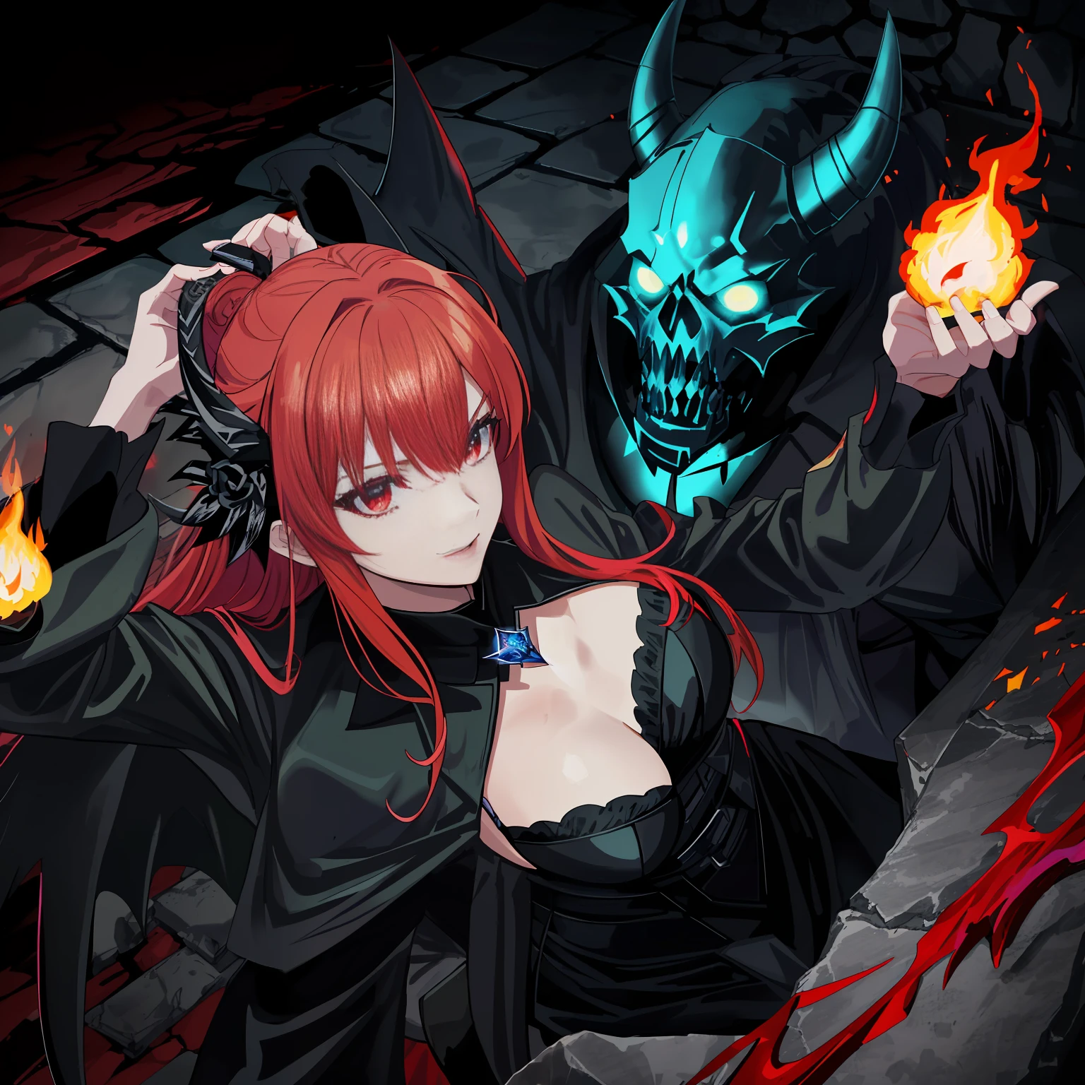 "(in her castle adorned with alien skulls, the imposing dark angel Haruna holding her frostmourne rulling the world with iron fist and tyranny, flaming red hair:1,4, best quality, anime Corrector Yui, masterpiece, wearing gothic clothes, black demoniac wings, violet eyes, dim light, hazy background,pretty,perfect body,perfect face,mist on the ground,evil aura,maximum details,,torchlights on the wall with green fire,badass,blood red skies,fire from above)"
