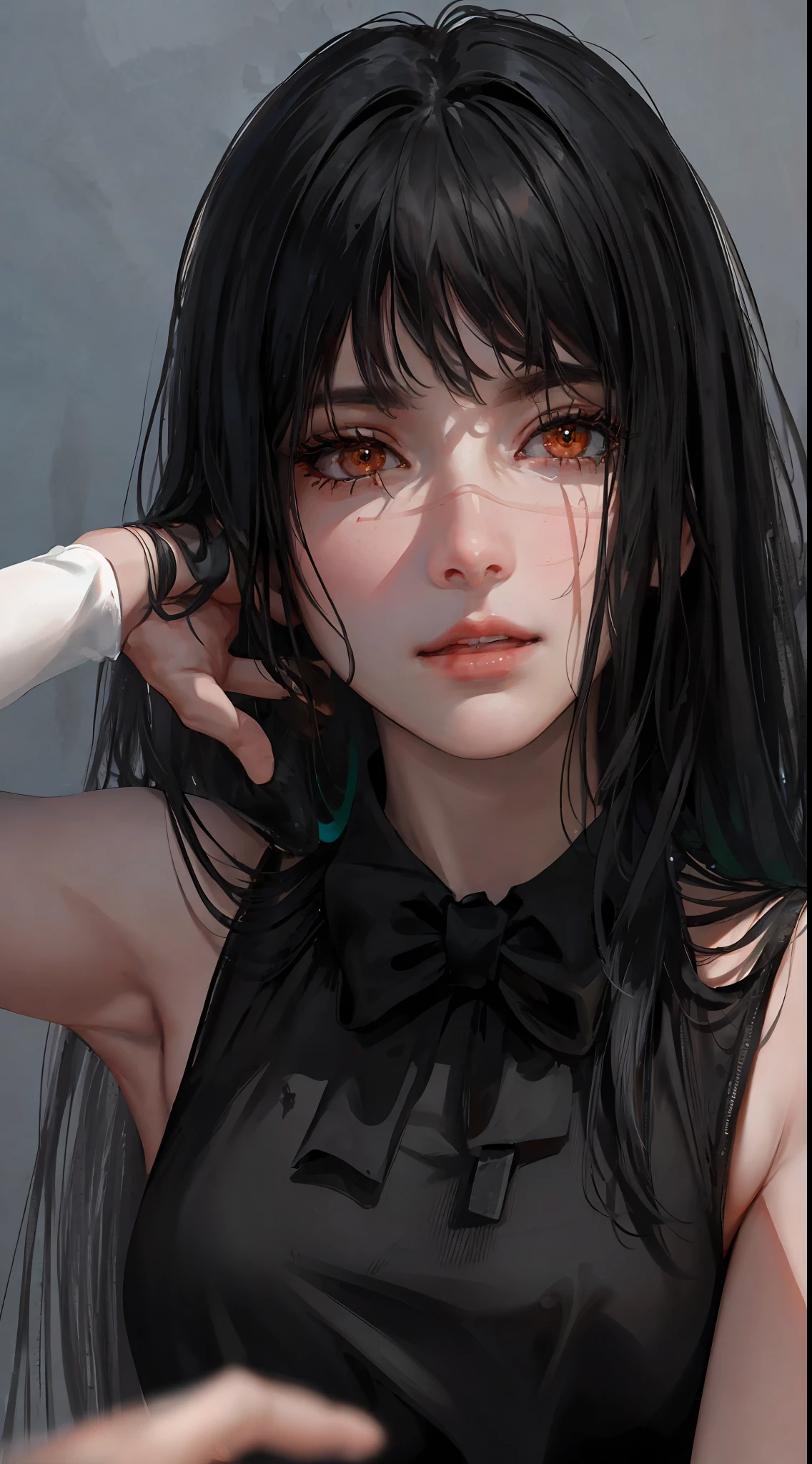 photorealistic, lip gloss, realistic, best quality, ultra high resolution, depth, pastel color, natural shading, focus on face, just face, looking at viewer, long hair, black hair, brown and well detailed eyes, black dress, gloves