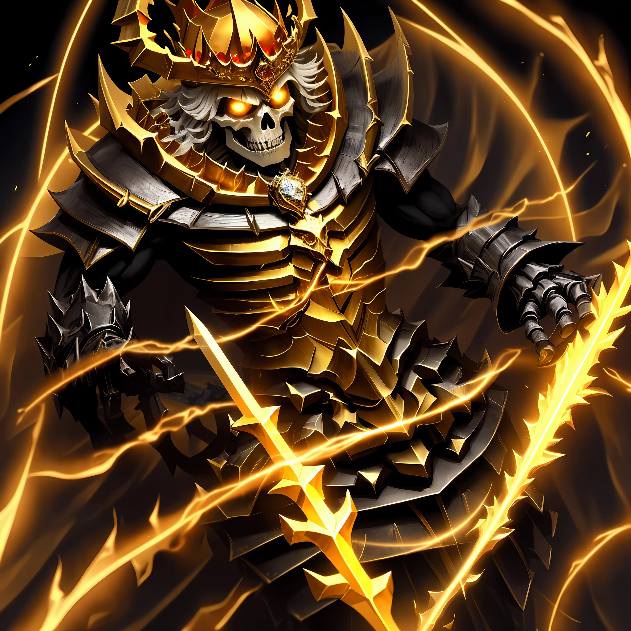 A skeleton king in golden armor and a sword bathed in darkness, with a crown of gold and silver, rings of the rarest stones, a dominant and confident posture on the head of an ancestral fire dragon, his heart engulfed in black flames, and a deep look of contempt