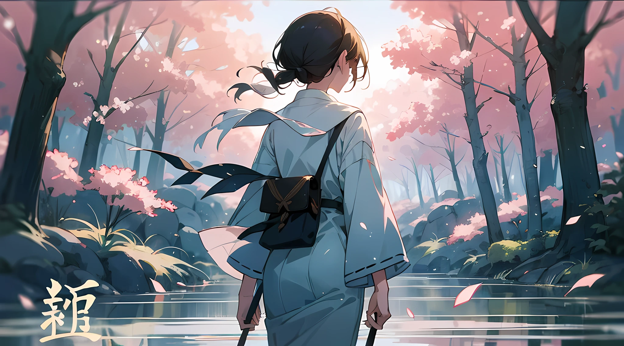 The word "minohorasu" is very beautifully written. Create a beautiful illustration with this word in a delicate color scheme, using blurred backgrounds, calm lighting, and the presence of natural elements such as leaves, wind, and fog. Anime persoonage. --auto --s2