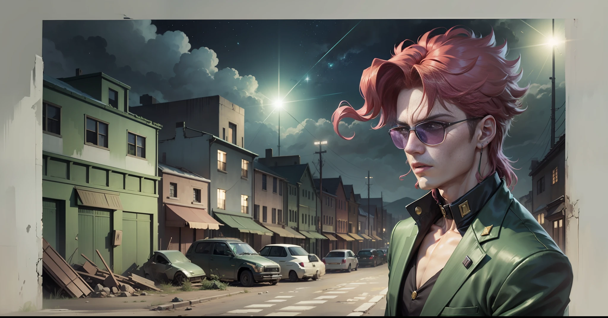 Kakyoin sing in a ruined town, jojo's bizarre Adventure, hd, dark, town destroyed, one man, night, green suit, singing, pink stars, human, 8K, black sunglasse, scares