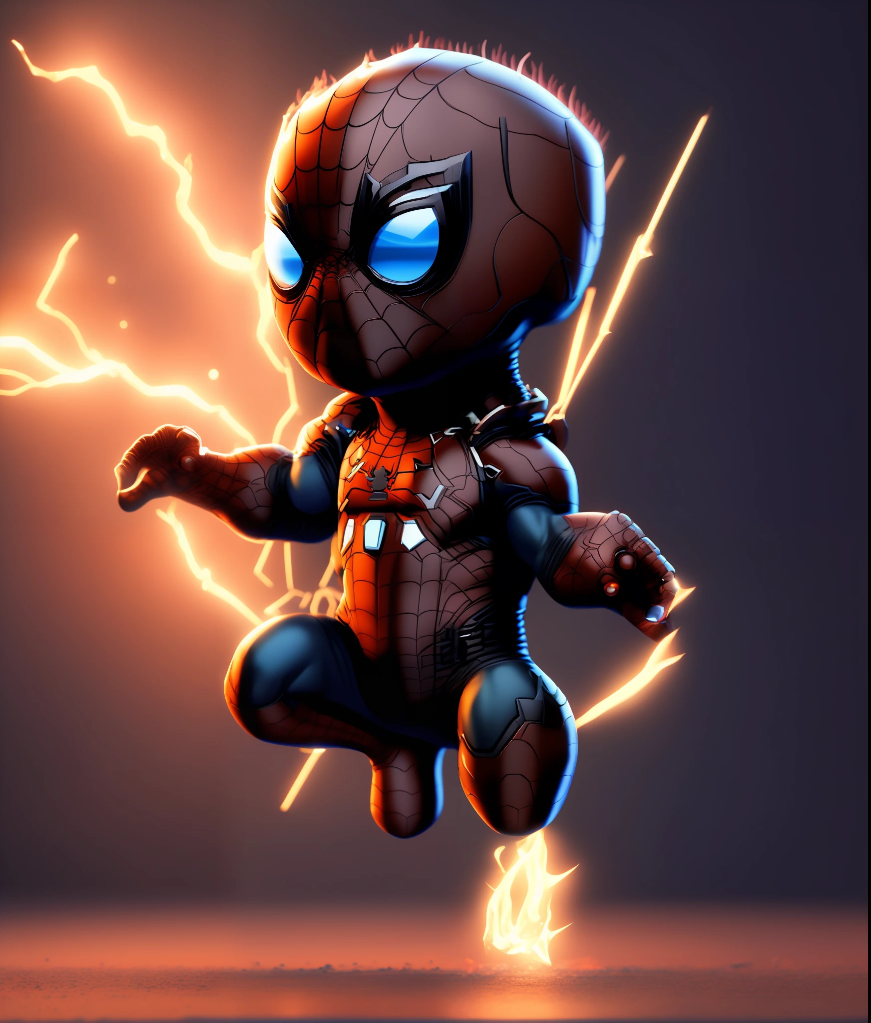 cinematic shot of cute spider man realistic, surrounded by fire, seamless, epic, cinematic, intricate details, award-winning, great lighting, shading, high quality, detailed, diffused light, claws