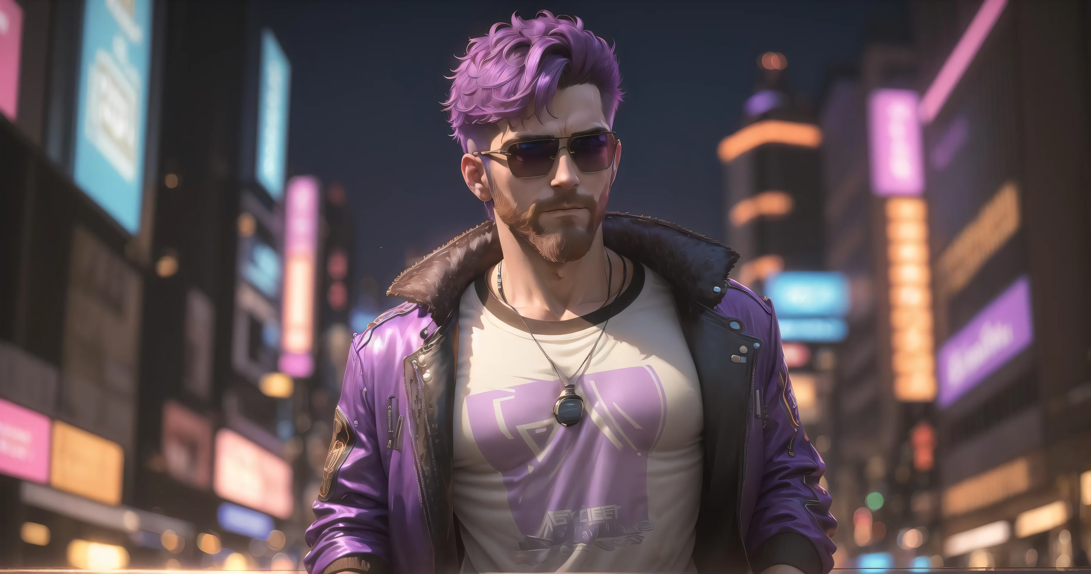 ((masterpiece)),(((bestquality))),((ultra-detailed)),((handsome)), (detailed) ,1guy,purple short hair, brown short beard ,neon background,city,cyberpunk, solo focus,left shot, sunglasses,t-shirt, jacket,hidari \(left side\),