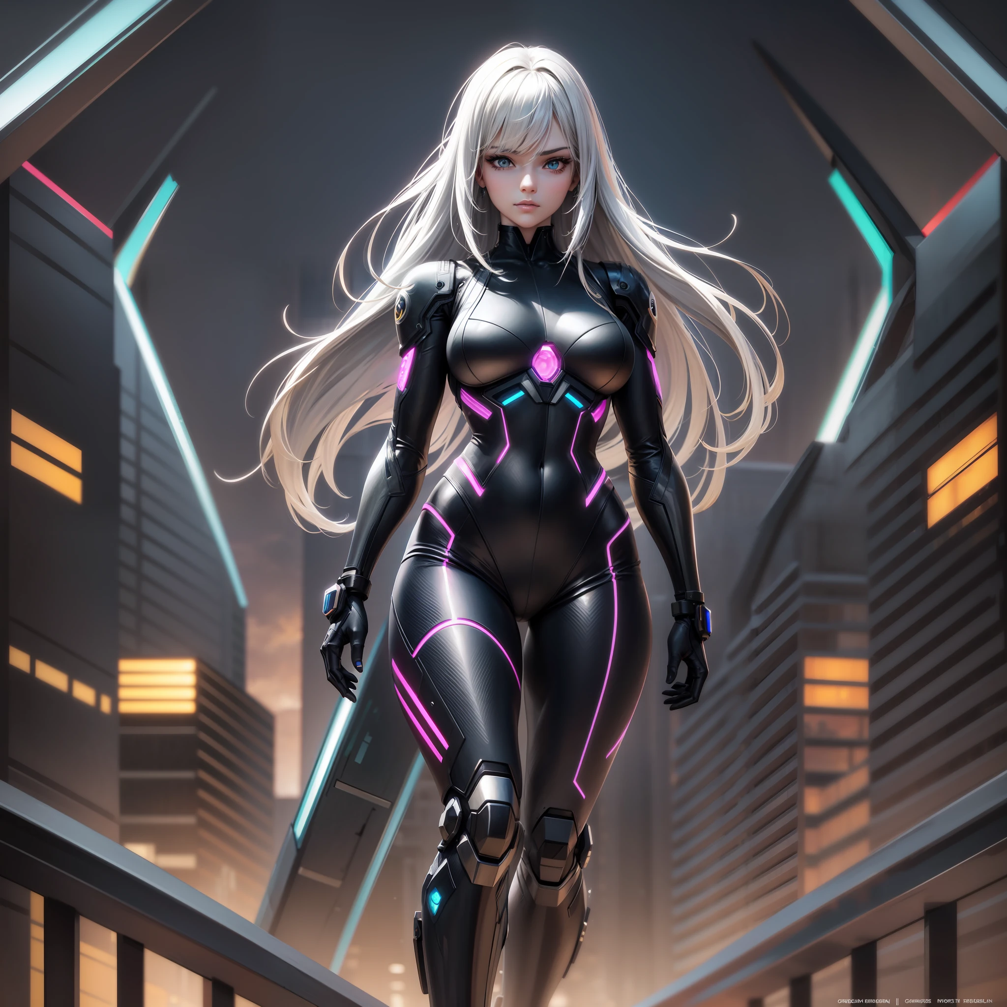 Full body character, real body proportions, full body, perfect anatomy, beautiful girl, wearing cybernetic suit, cyberpunk background, beautiful beautiful girl detailed face, symmetrical, charming, conquered expression, detailed body, gorgeous girl, anime style, realistic girl, realistic photo, realistic eyes, beautiful skin, long silver hair with bangs, model, light blue-green gradient, high detail eyes, masterpiece, high quality, high resolution, HD, 8K, movie composition, futuristic, steam wave, synthwave , exquisite, Unreal Engine 5, gorgeous, ultra-detailed, edge-lit