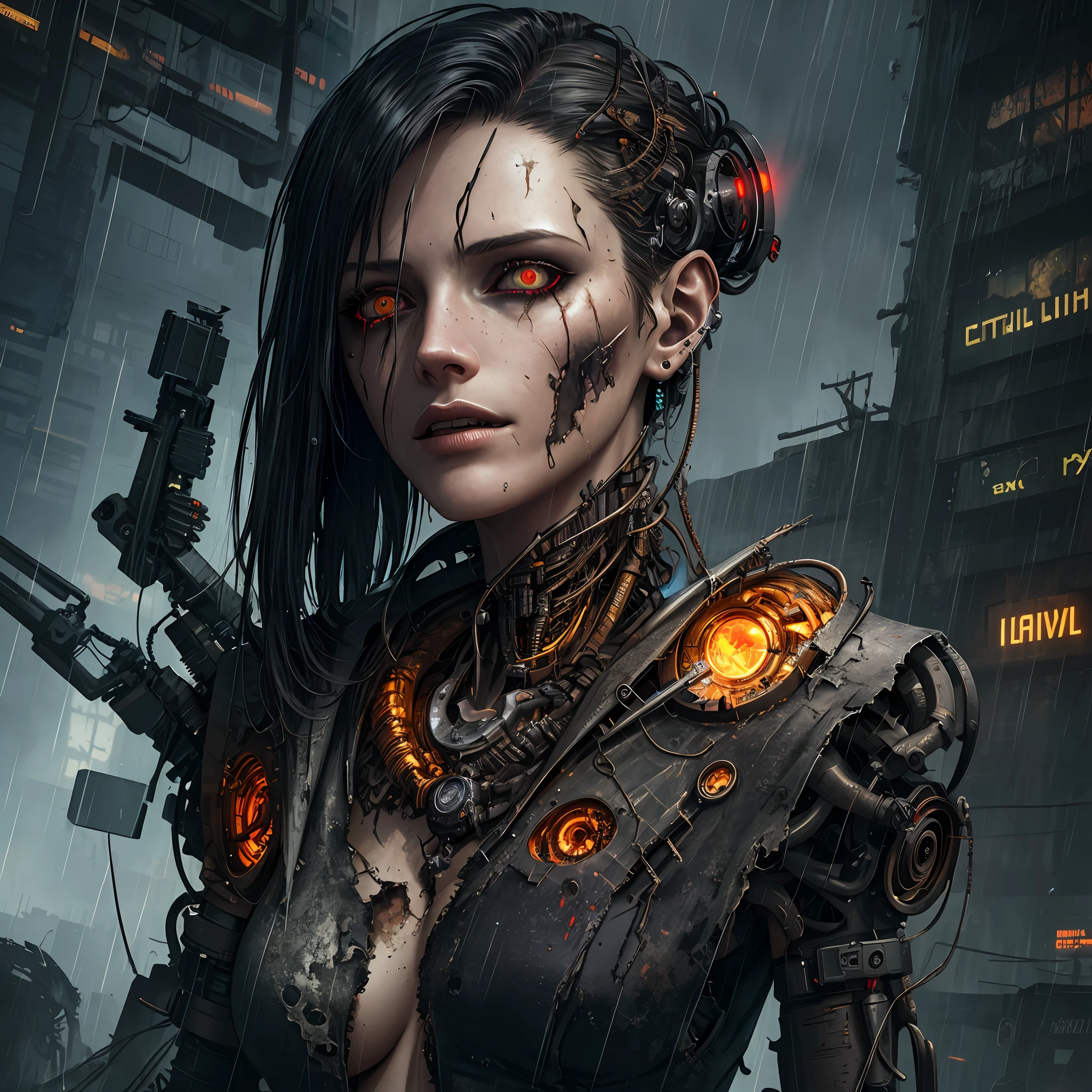 best quality, masterpiece, cinematic, volumetric lighting, side lighting, 1girl, android, cyborg, decomposing body, heavily damaged, dark, sinister, raining, abandoned, (oil, loose wires, exposed metal parts), apocalyptic, extreme detail, detailed face, detailed eyes, intricate details, diffuse light, fog, horror scenery, cyberpunk