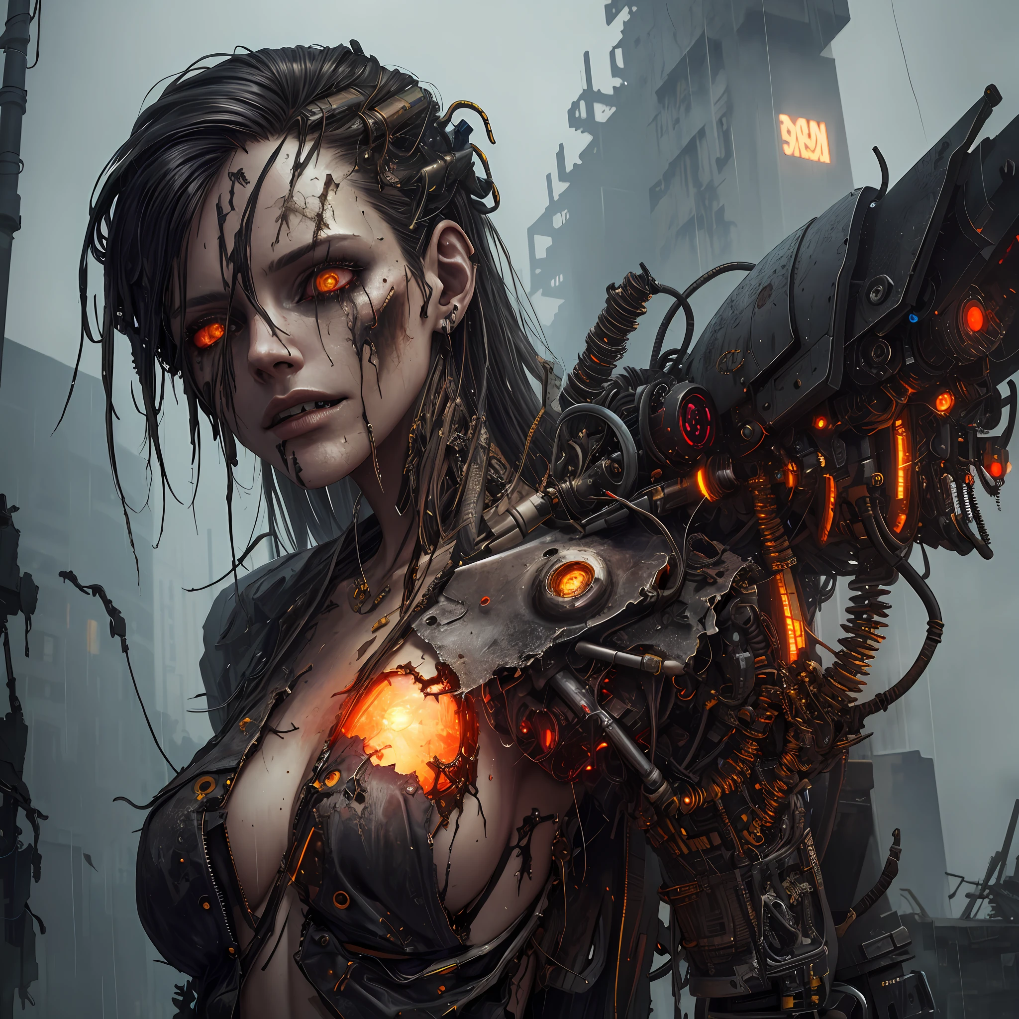 best quality, masterpiece, cinematic, volumetric lighting, side lighting, 1girl, android, cyborg, decomposing body, heavily damaged, dark, sinister, raining, abandoned, (oil, loose wires, exposed metal parts), apocalyptic, extreme detail, detailed face, detailed eyes, intricate details, diffuse light, fog, horror scenery, cyberpunk