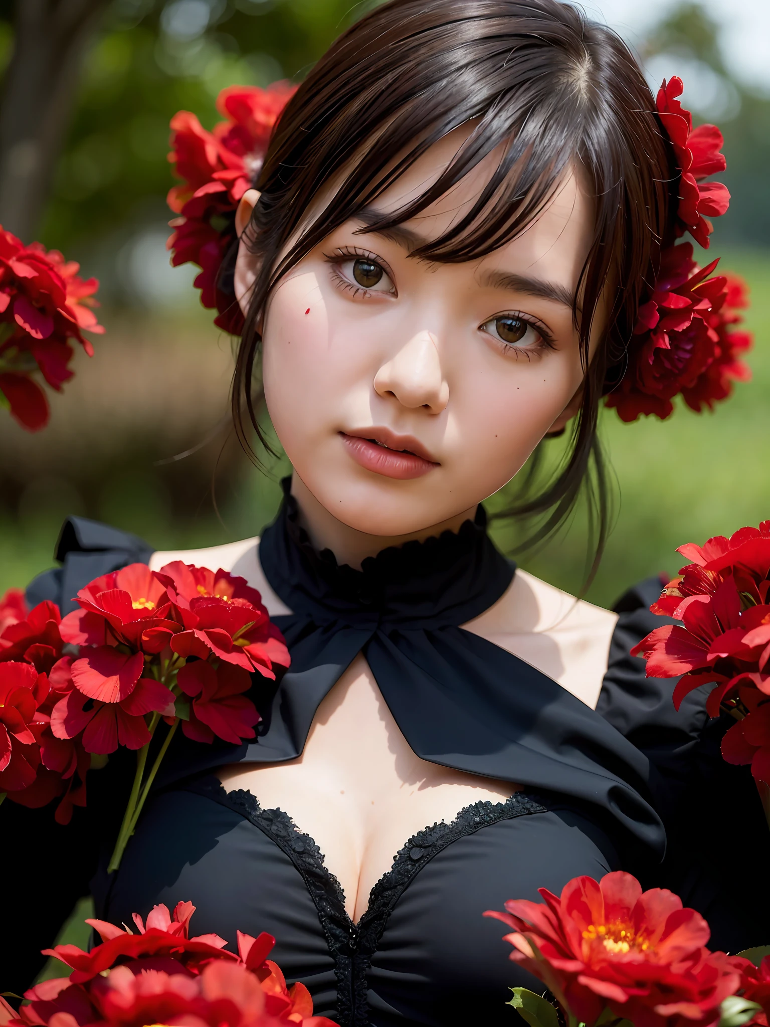 dark theme , (best quality, masterpiece:1.2), 18yo girl in garden, black cleavage dress, (red flowers mess in background:1.3)