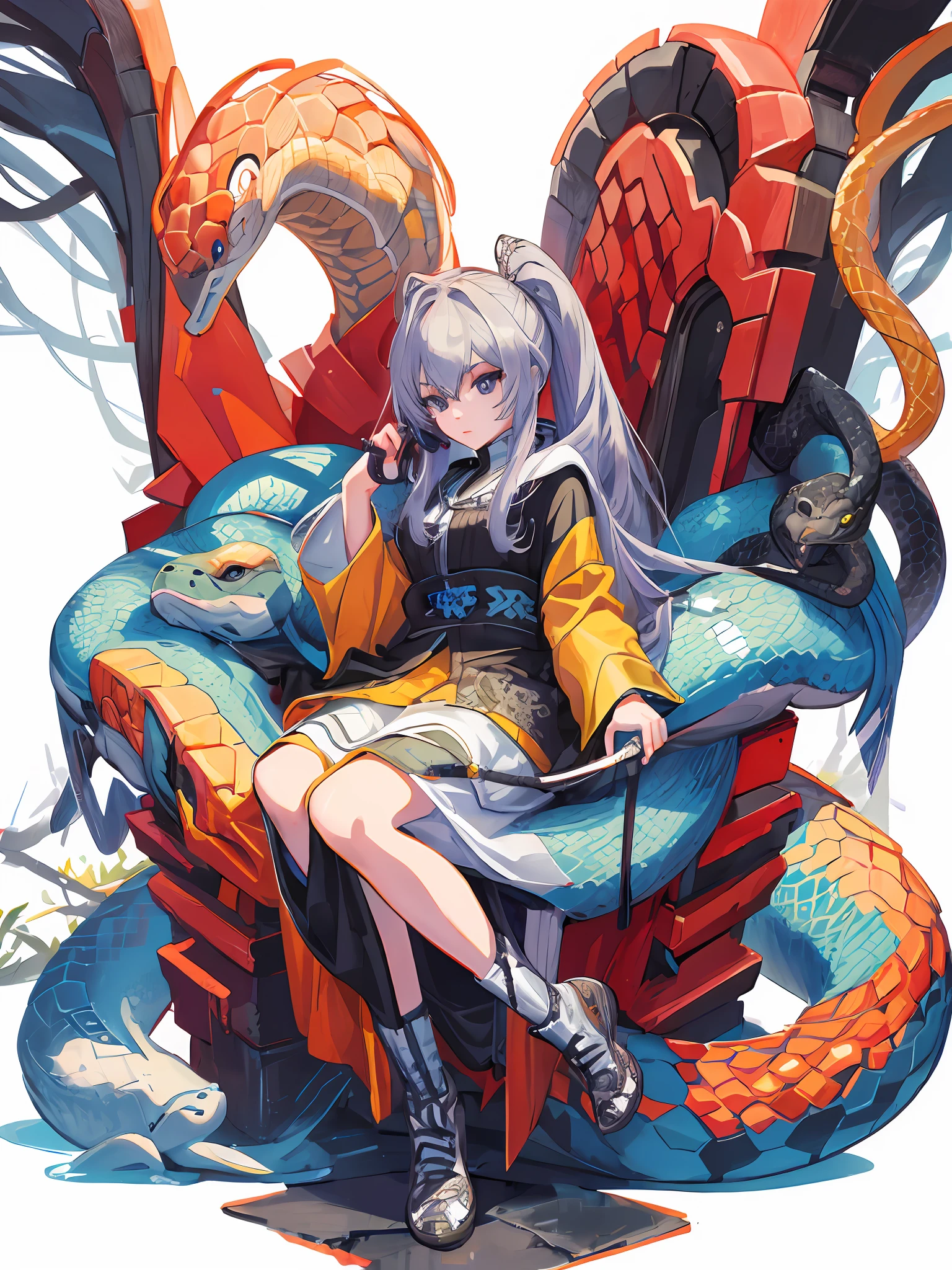 [(WHITE BACKGROUND:1.5),::5] HEXAGON, nardack, Girl, snake, cool ,masterpiece, best quality, intricate, high detailed, ultra-detailed, absurdres,