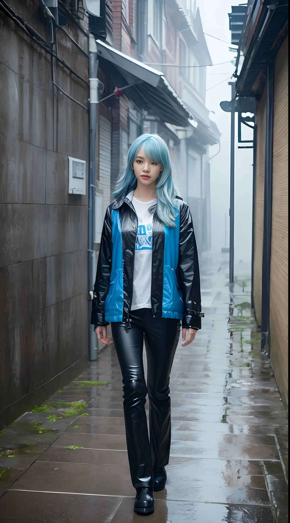 ,((Best Quality))),8k,((Masterpiece)),(Extremely refined and beautiful),Realistic, Absurd, High resolution,Ultra detailed),(Best Quality,Masterpiece: 1.3), 1 girl, rainy day, fog, alley, umbrella, looking at the audience, blue hair, facing photo, cyberpunk city, alone in an alley, after a bonanza rain