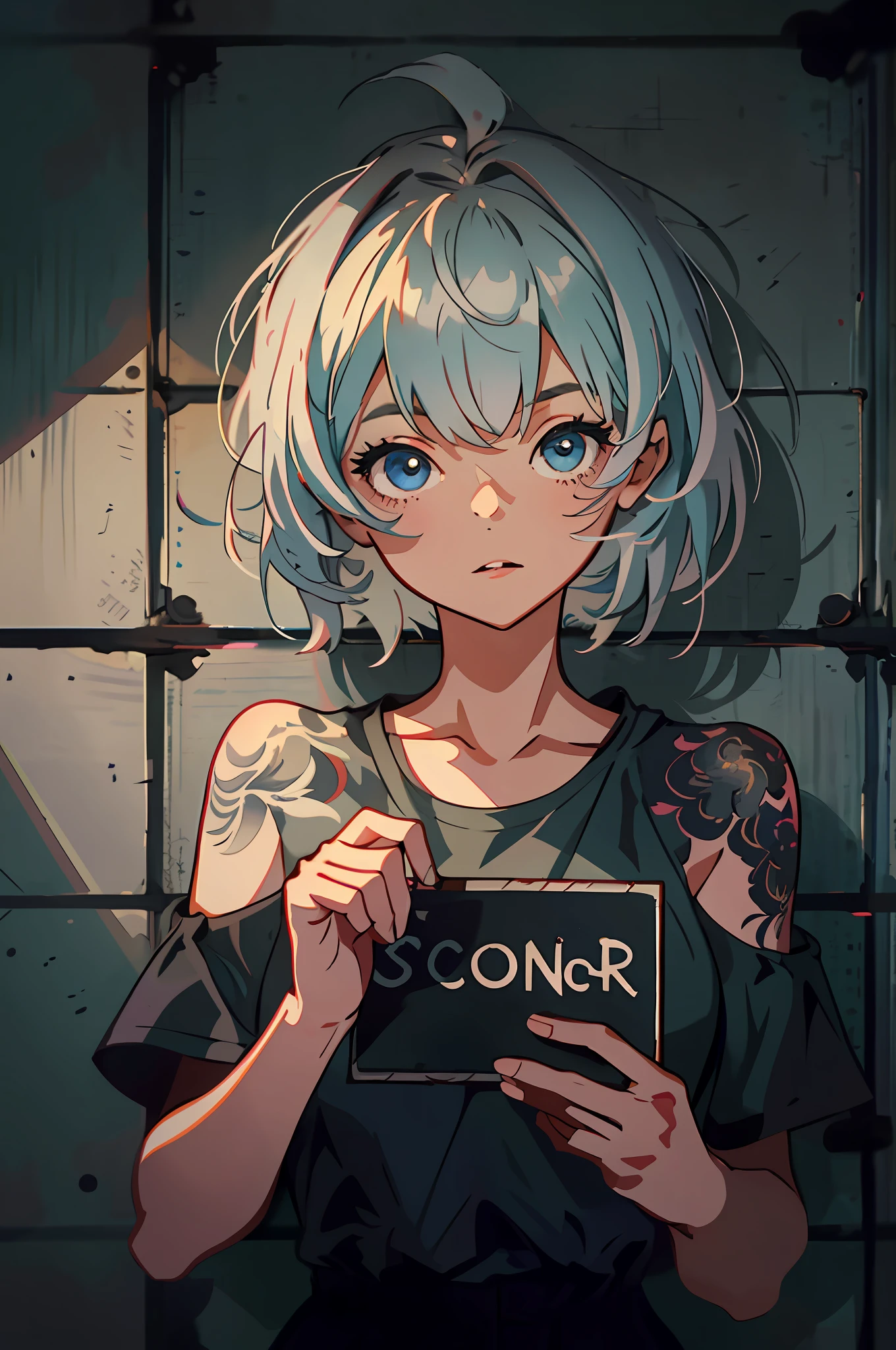 masterpiece, best quality, illustration, mugshot, height chart, 1girl, upper body, holding sign, looking at viewer, messy short hair, beautiful face and eyes, prison clothes, bare shoulders, tattoo,