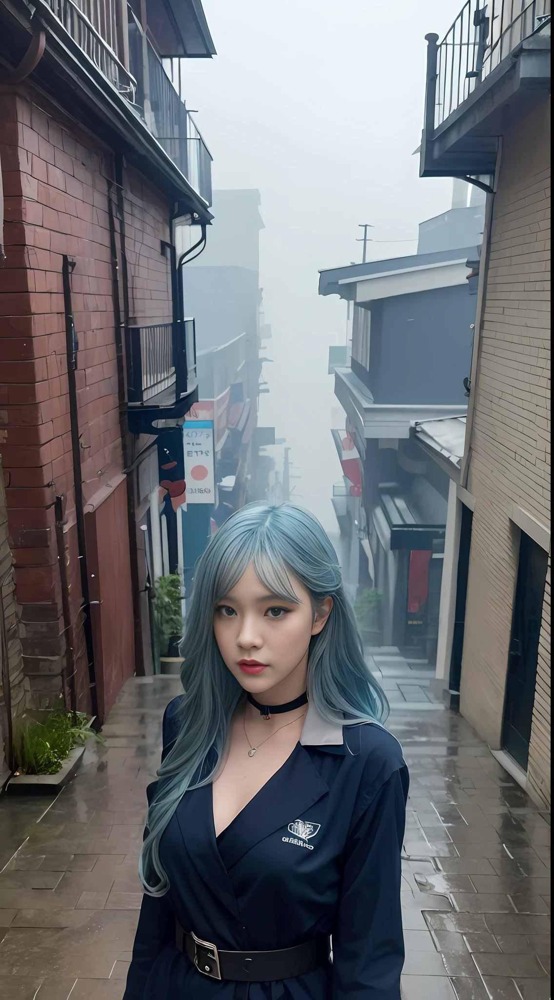 ,((Best Quality))),8k,((Masterpiece)),(Extremely refined and beautiful),Realistic, Absurd, High resolution,Ultra detailed),(Best Quality,Masterpiece: 1.3), 1 girl, rainy day, fog, alley, umbrella, looking at the audience, blue hair, facing photo, cyberpunk city, alone in an alley, after a bonanza rain