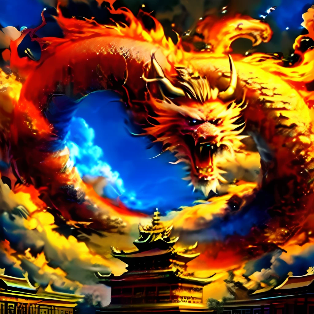 Best quality,masterpiece,ultra high res,nu no humans, (long:1.2),no humans, cloud, architecture, east asian architecture, red eyes, horns, open mouth, sky, fangs, eastern dragon, cloudy sky, teeth, flying, fire, bird, wings