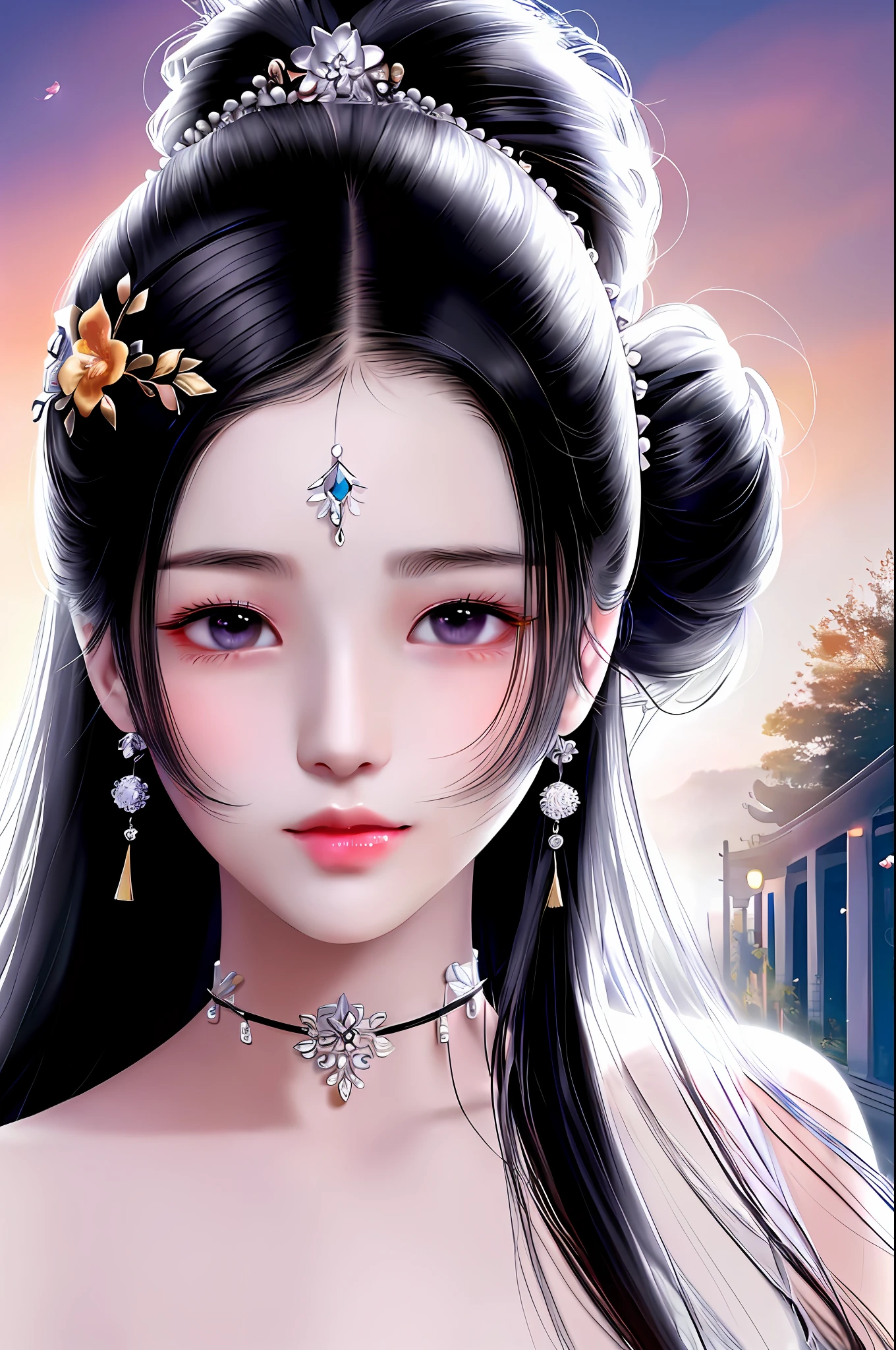 (Masterpiece: 1.0), (Best Quality: 1.4), (Ultra High Resolution: 1.2), 4K Quality, (Fine Illustration: 1.4), (8K, RAW Photo: 1.2), (Sharp Focus: 1.4), Vivid Colors, High Quality, High Contrast, ((Gorgeous Light and Shadow)), (Best Quality), Portrait, (Japanese: 1.0), (China: 0.5), (Liu Yifei: 1.3), (1girl), Girl, Standing, Frame, Face Focus, Delicate facial features, delicate hair, delicate eyes, round eyes long hair, symmetrical face, perfect skin, volumetric light, stunning environment, high detail, ultra-realistic, thick lips, beautiful lips, symmetry, warm colors, white dress, (black hair), delicate hair accessories, stud earrings, ponytail, bracelet, (choker white: 1,1), jewelry, hair accessories, big breasts, goddess, (flower background: 1.0), wind,