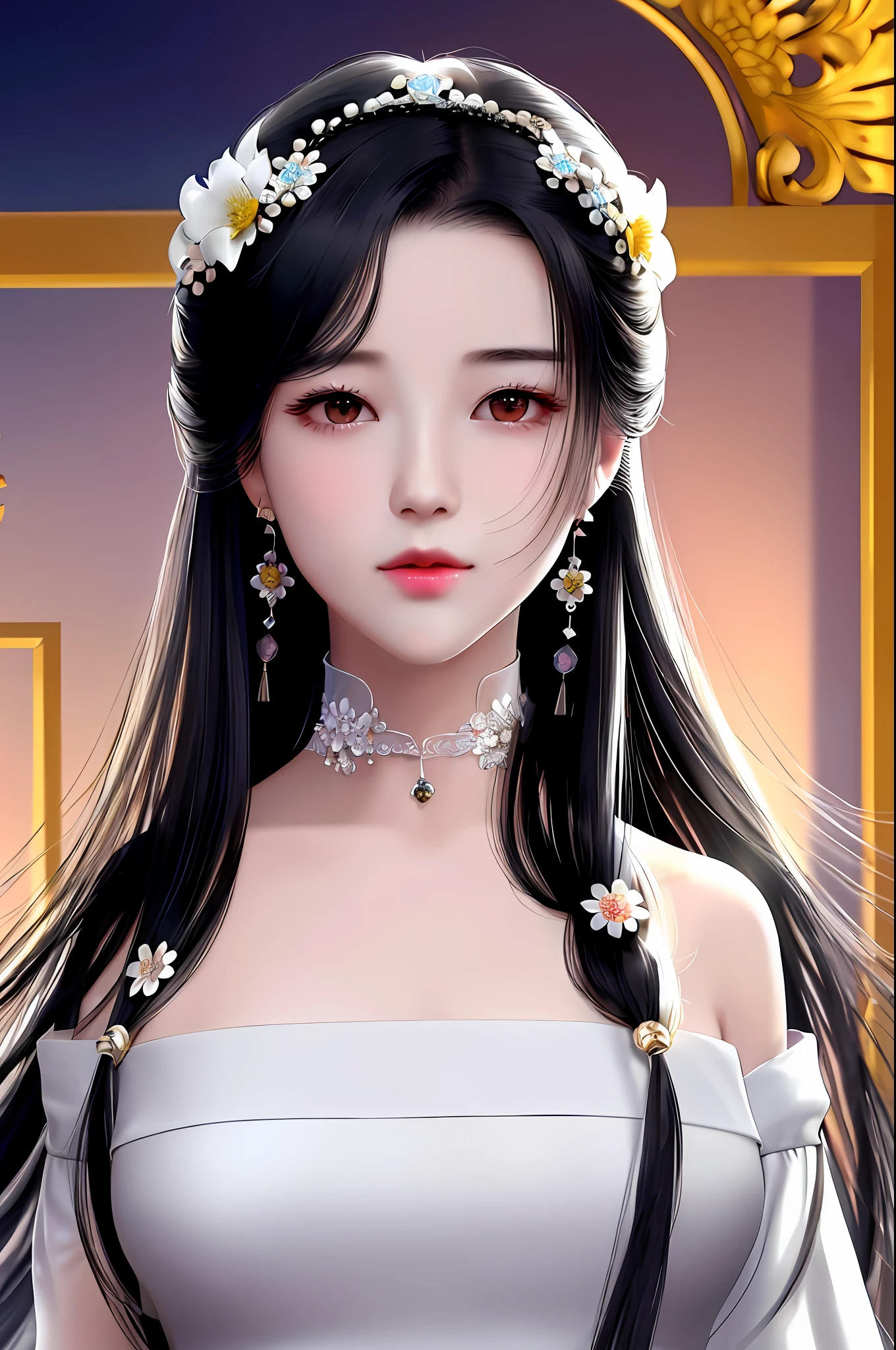 (Masterpiece: 1.0), (Best Quality: 1.4), (Ultra High Resolution: 1.2), 4K Quality, (Fine Illustration: 1.4), (8K, RAW Photo: 1.2), (Sharp Focus: 1.4), Vivid Colors, High Quality, High Contrast, ((Gorgeous Light and Shadow)), (Best Quality), Portrait, (Japanese: 1.0), (China: 0.5), (Liu Yifei: 1.3), (1girl), Girl, Standing, Frame, Face Focus, Delicate facial features, delicate hair, delicate eyes, round eyes long hair, symmetrical face, perfect skin, volumetric light, stunning environment, high detail, ultra-realistic, thick lips, beautiful lips, symmetry, warm colors, white dress, (black hair), delicate hair accessories, stud earrings, ponytail, bracelet, (choker white: 1,1), jewelry, hair accessories, big breasts, goddess, (flower background: 1.0), wind,