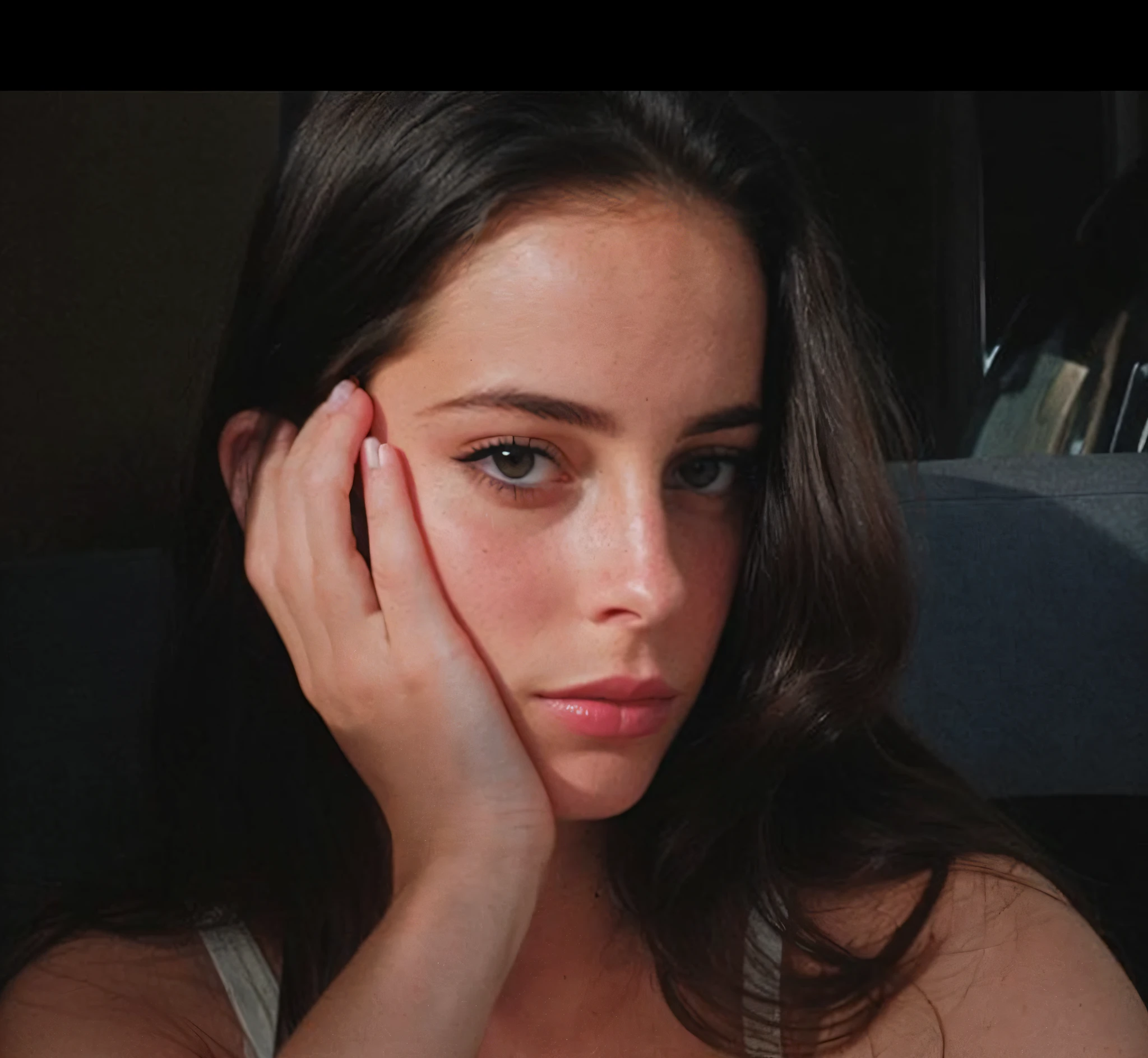 there is a woman that is sitting down with her hand on her face, lana del rey, kaya scodelario, kailee mandel, portrait anime kaya scodelario, a portrait of lana del rey, soft portrait shot 8 k, looking defiantly at the camera, her face looks like an orchid, in style of petra collins, very very low quality picture