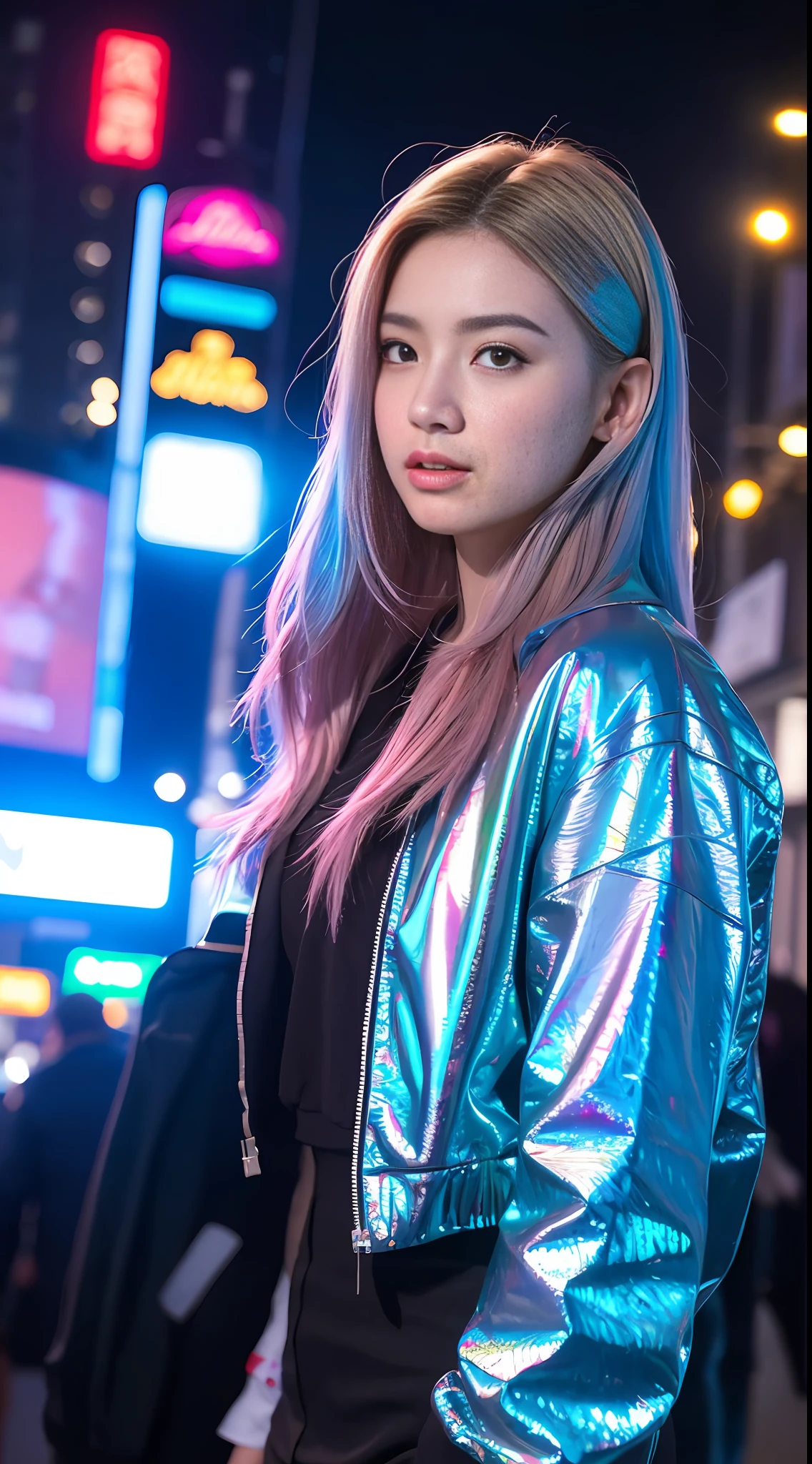 ,((Best Quality))),8k,((Masterpiece)),(Extremely Delicate and Beautiful),Realistic, Absurd, High Resolution, Ultra-detailed),, Adult, Handsome, Tall Muscular Man, Wide Shoulders, Delicate Eyes, Motorcycle, Neon Hair, Holographic, Black Jacket, Intense Running, Speed, Night City, Neon Lights, Skyscraper, From Directly Above, Cyan, Magenta, (Dutch Corner), Shut Up