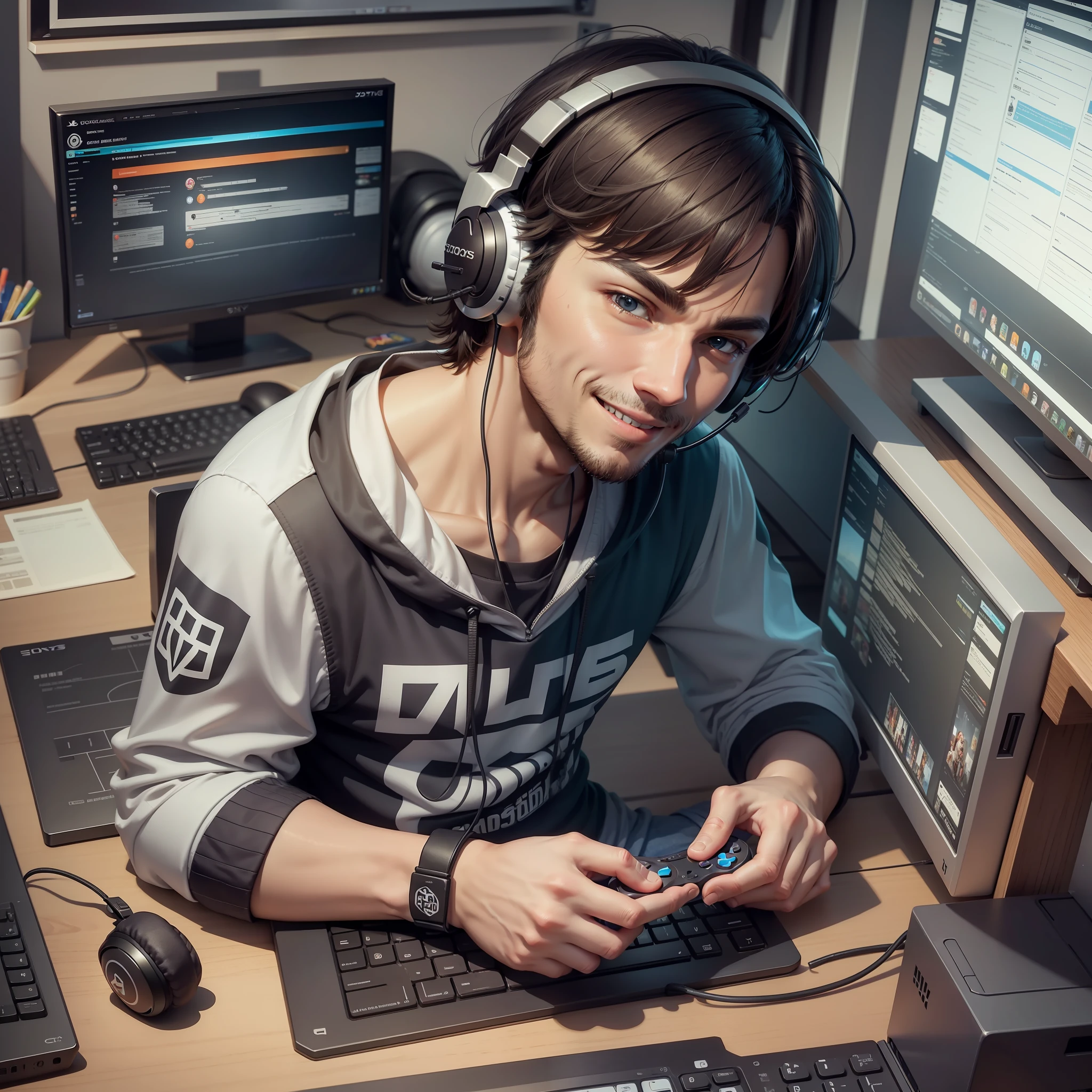 Smiling man sitting in a chair with headphones and a keyboard, playing computer games, gaming computers, using a headset for games, PC games, using headset for games, playing video games, led games, games table, games room, playing, sitting at a computer desk, sitting on a computer, computer game, in front of a computer, playstation controller in hand, Twitch streamer, very expressive, realistic anime, drawn,
