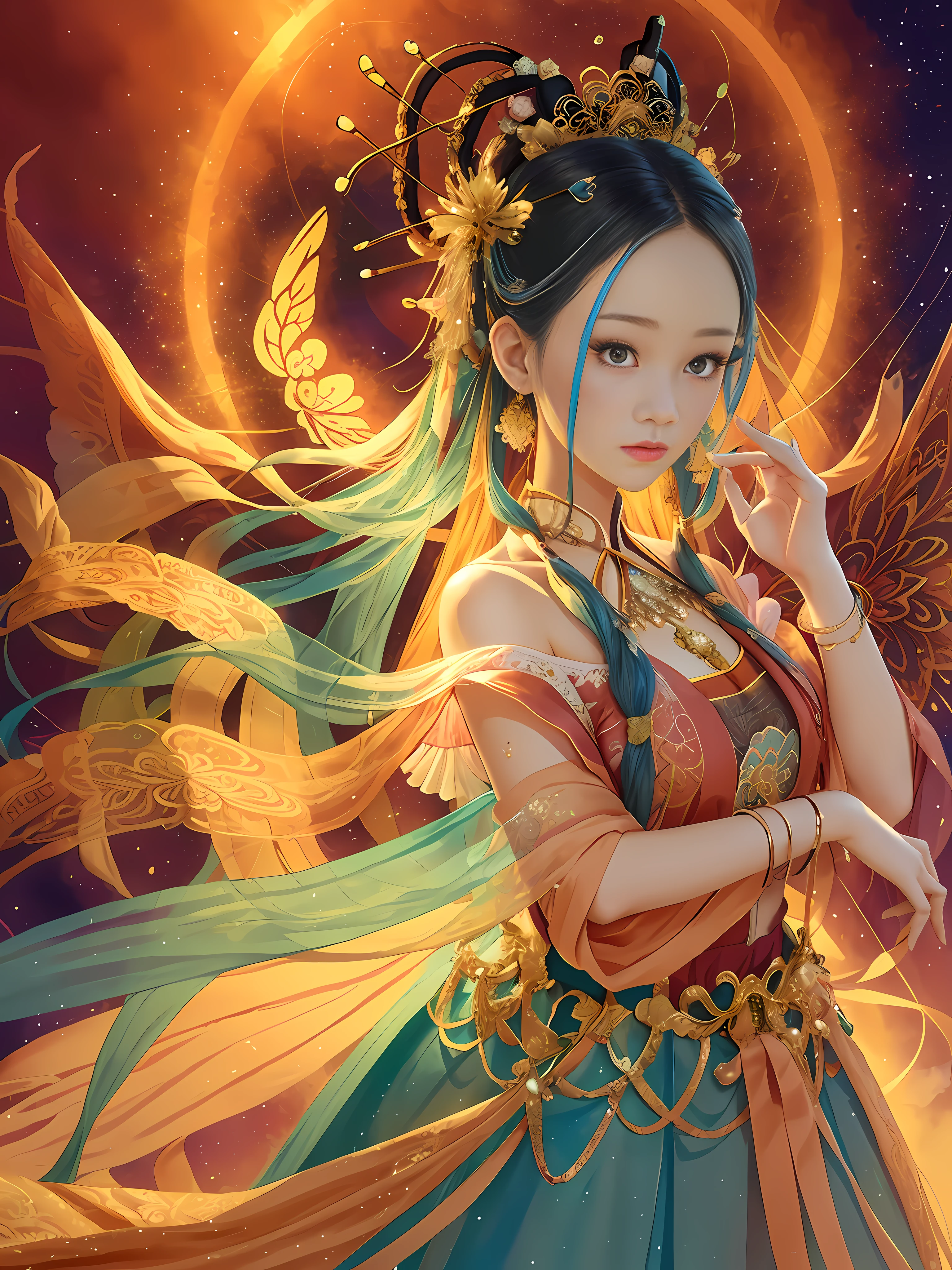 absurd, tall, super detailed, 1 girl, solo, dunhuang, gorgeous, dance, flying, chinese style, dance sleeves, (colorful clouds, colorful halos: 1.3), (forehead markings, hair flowers, hair accessories, jewelry, hair clips, hair rings, tiara, long hair, earrings, (colored long skirt: 1.2), cuffs), fluttering, clear facial features, delicate face, super detailed eyes, flowers, colored eyes, multi-colored hair, portrait (master works: 1.2, best quality), super fine, Ultra-accurate presentation (dynamic pose), color (top to bottom: 1.2), natural light, strong light, sky background, butterfly, Chinese clothing, face markers, hanfu, handheld musical instrument, pipa, long hair, looking at the audience, parted lips, faint smile, solo, bright colors, official art, unified 8k wallpaper, super detailed, beautiful beauty, masterpiece, best quality, (zandeji, mandala, tangles, tangles), extremely detailed, dynamic angles, the most beautiful chaotic forms, elegant, brutalist design, Bright colors, romanticism, atmosphere, ecstatic notes, visible flowing notes, 5 fingers, illusory background, flying ribbon, beautiful sky, bright moon, flying sleeves,