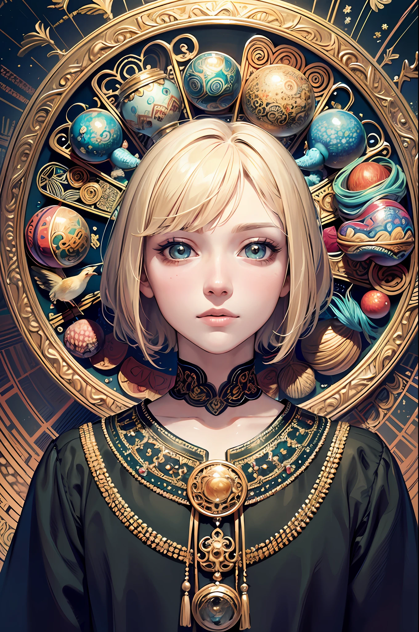 realistic, (masterpiece, top quality, best quality, official art, beautiful and aesthetic: 1.2), extremely detailed, fractal art, colorful, more detailed, zentangle, (abstract background: 1.5) (1 man: 1.3), (birds), blonde hair, bright eyes, hair combed back, short hair, white tunic,