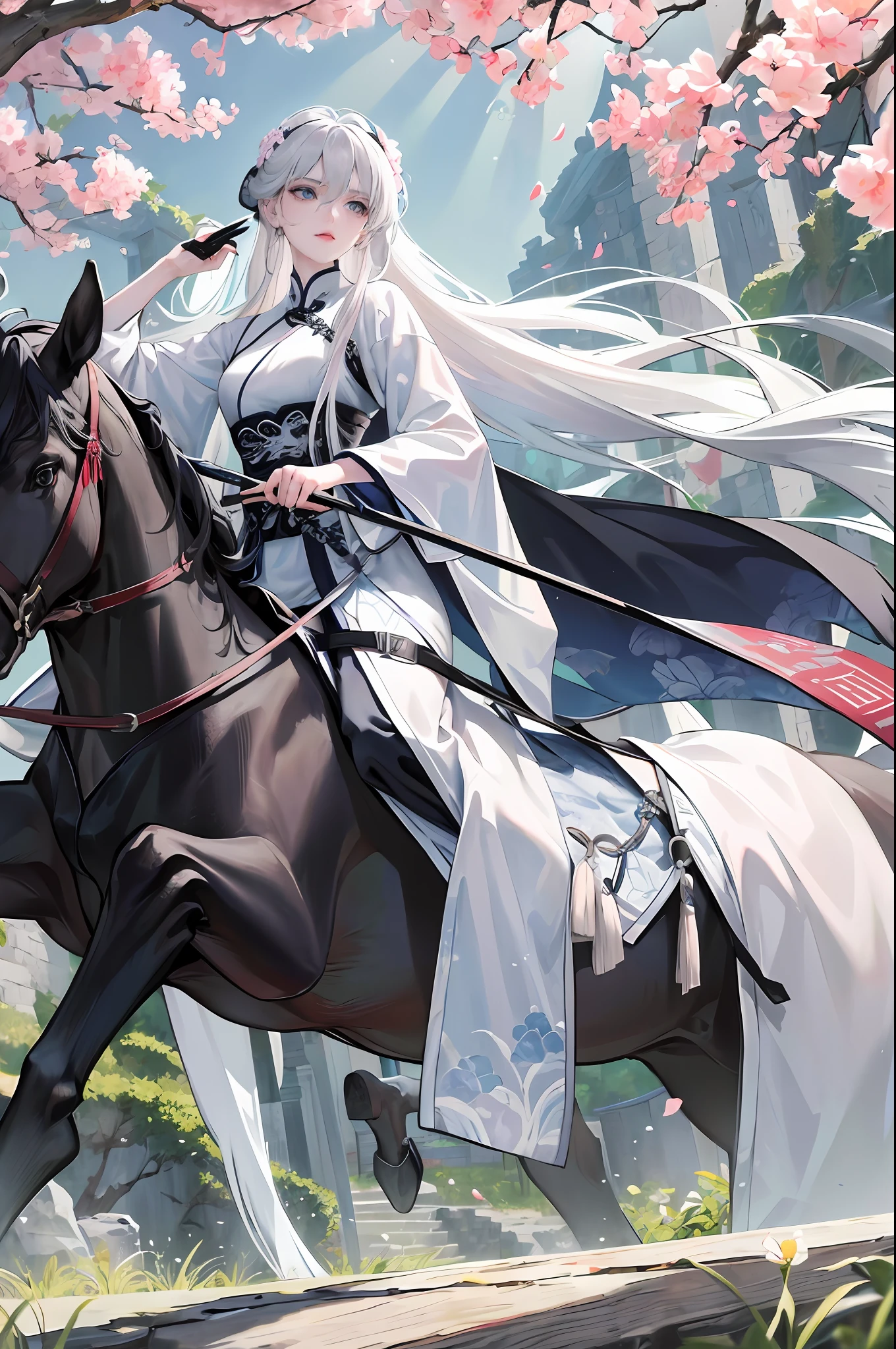 Masterpiece, Superb Piece, Daytime, Outdoor, Falling Flowers, Branches, Chinese Style, Ancient China, 1 Woman, Mature Woman, Silver-White Long-Haired Woman, Gray-Blue Eyes, Pale Pink Lips, Cold, Serious, Bang, Assassin, White, Black Clothing, Delicate Face, Exquisite Face, Horseback Riding
