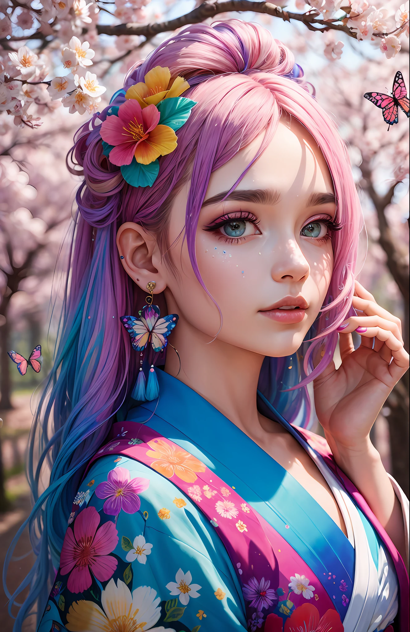 shukezouma, octane render, hdr, (hyperdetailed:1.15), (soft light, sharp:1.2), 1girl, beautiful girl, ultra detailed eyes, mature, plump, thick, rainbow painting drops, paint teardrops, woman made up from paint, entirely paint, splat, splash, long colored hair, kimono made from paint, ultra detailed texture kimono, rainbow paint kimono, paint bulb, paint drops, (hair ornaments, earrings, flowers hair ornaments, butterflies hair ornaments), outdoors, sakura trees