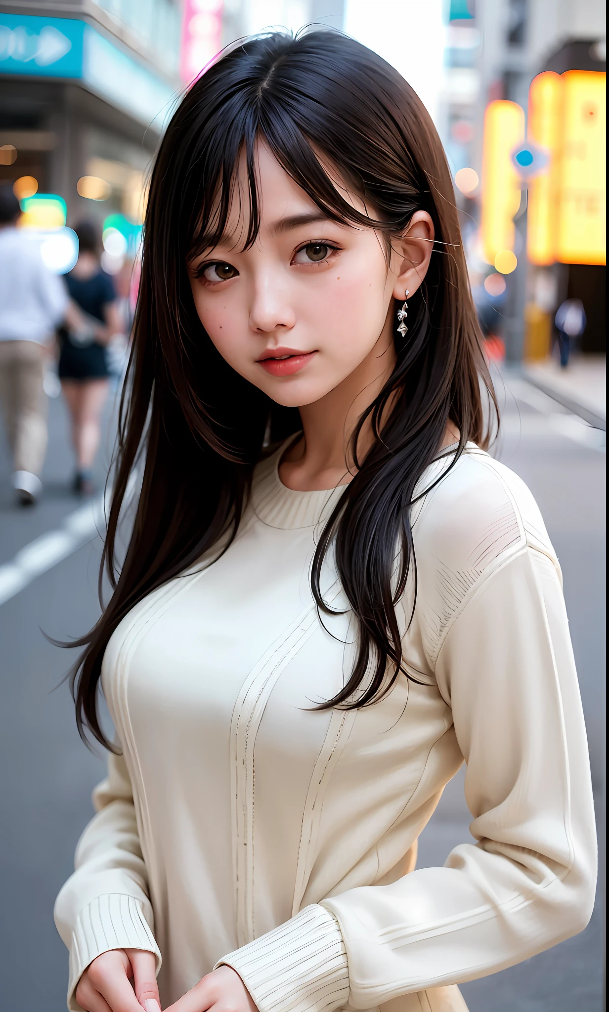 (8k, RAW photos,Best quality, High Resolution:1.1), (Hyperrealistic:1.4),(Realistic, Photorealistic:1.3), Soft Light,Realistic Face,Realistic Body,Realistic Skin,Absurdity,Masterpiece,(Cute:1.8),(Black HairLong,Half Up,Hairpin),(Big:1.2),Teardrops,Open Lips,Grinning,Blushing,Good Style, cami sweater dress,dolman sleeve sweater,cinema light,film grain,closeup,looking viewer,full body,depth of field,blurred background,eye focus,young,85mm lens,f/1.4,professional lighting,portrait,photon mapping,radiosity,physically based rendering,transparency,Japan girl,day,sunny,street corner,survey