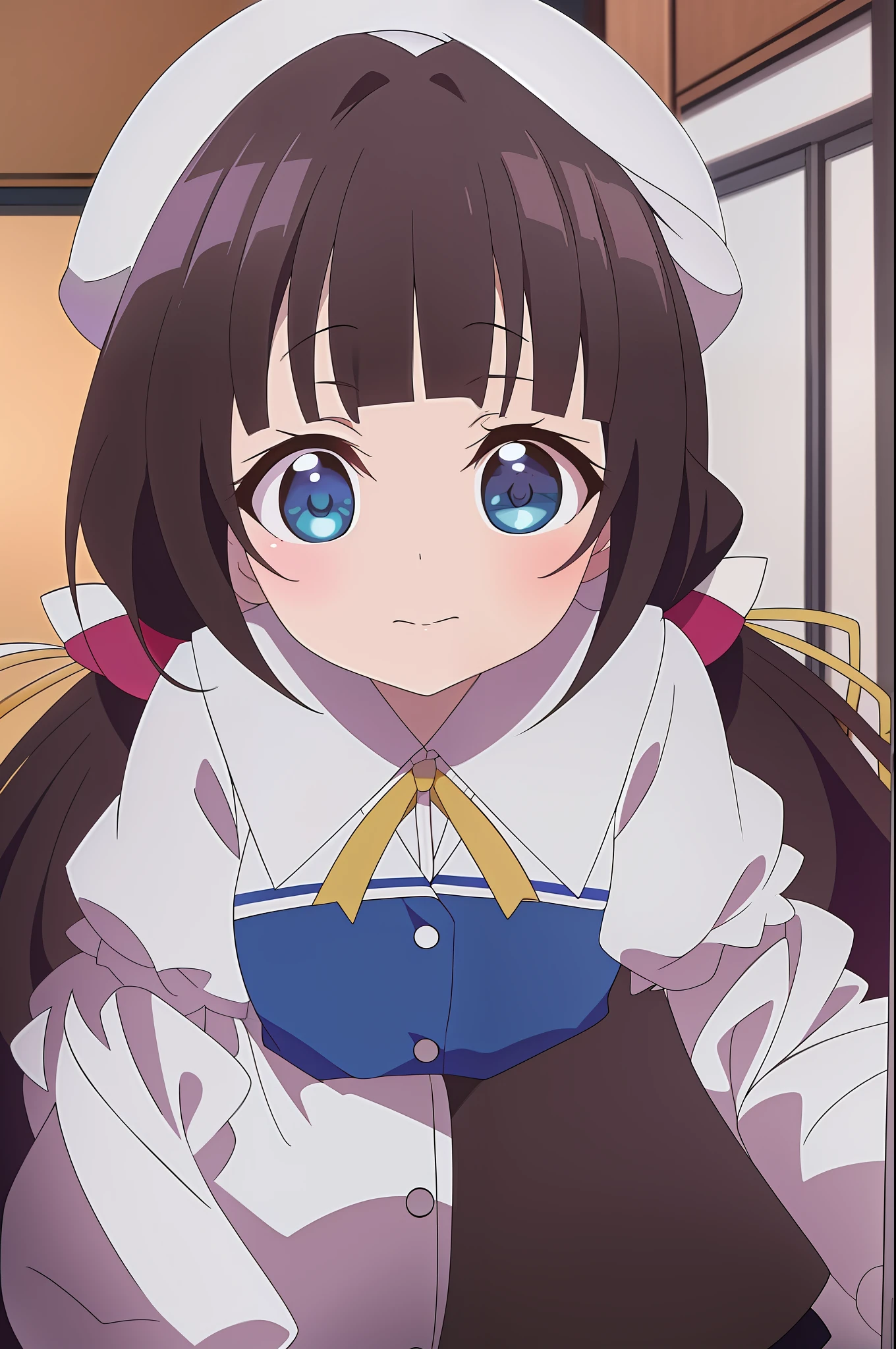 Anime girl with blue eyes and a white hat sitting in a chair - SeaArt AI