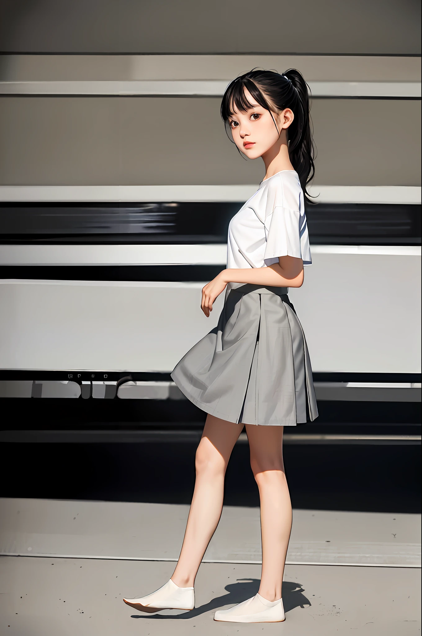 masterpiece, best quality, (dark photo: 1.3), photorealistic, full body, small, 1girl, flat bangs, stunning innocent symmetrical face, white shirt, gauze fabric, standing knees, wind, mini skirt, open leg pose, ponytail, emotional, orchan, (PureErosFace_V1:0.7)